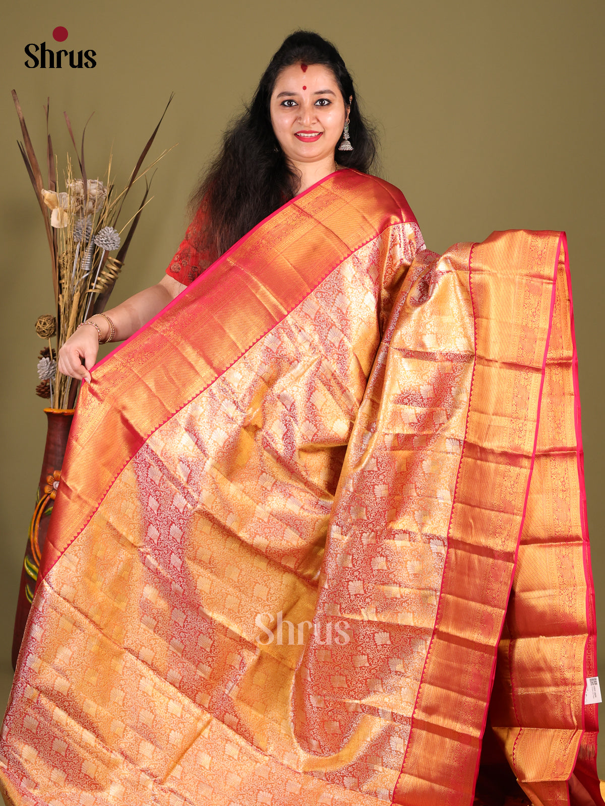 Pretty Pink Kanjivaram silk Saree with Rich Golden brocade & Red Zari Border 1