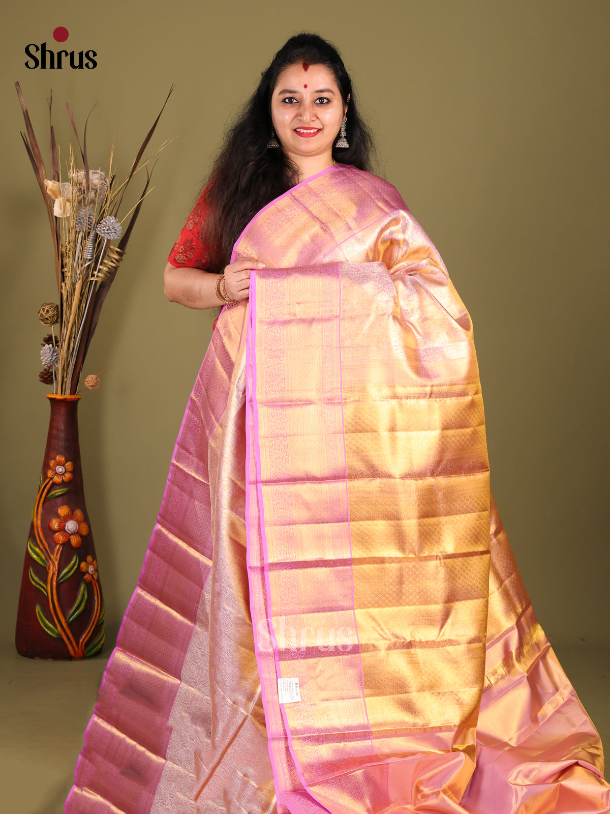 Lavender & Gold Bridal Kanchipuram silk Saree with intricately woven floral nestling brocade - Shop on Shrus.com