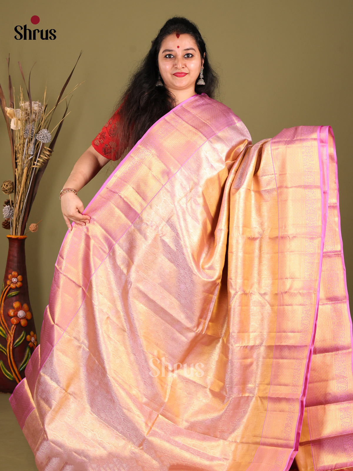 Lavender & Gold Bridal Kanchipuram silk Saree with intricately woven floral nestling brocade - Shop on Shrus.com
