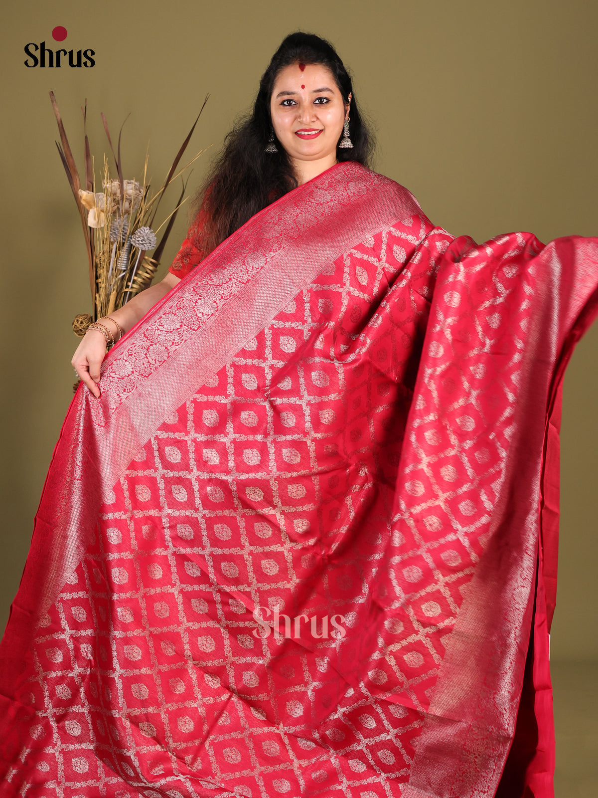 Timeless Red Kanjivaram silk Saree with Silver Zari Work & rich zari Brocade border 1