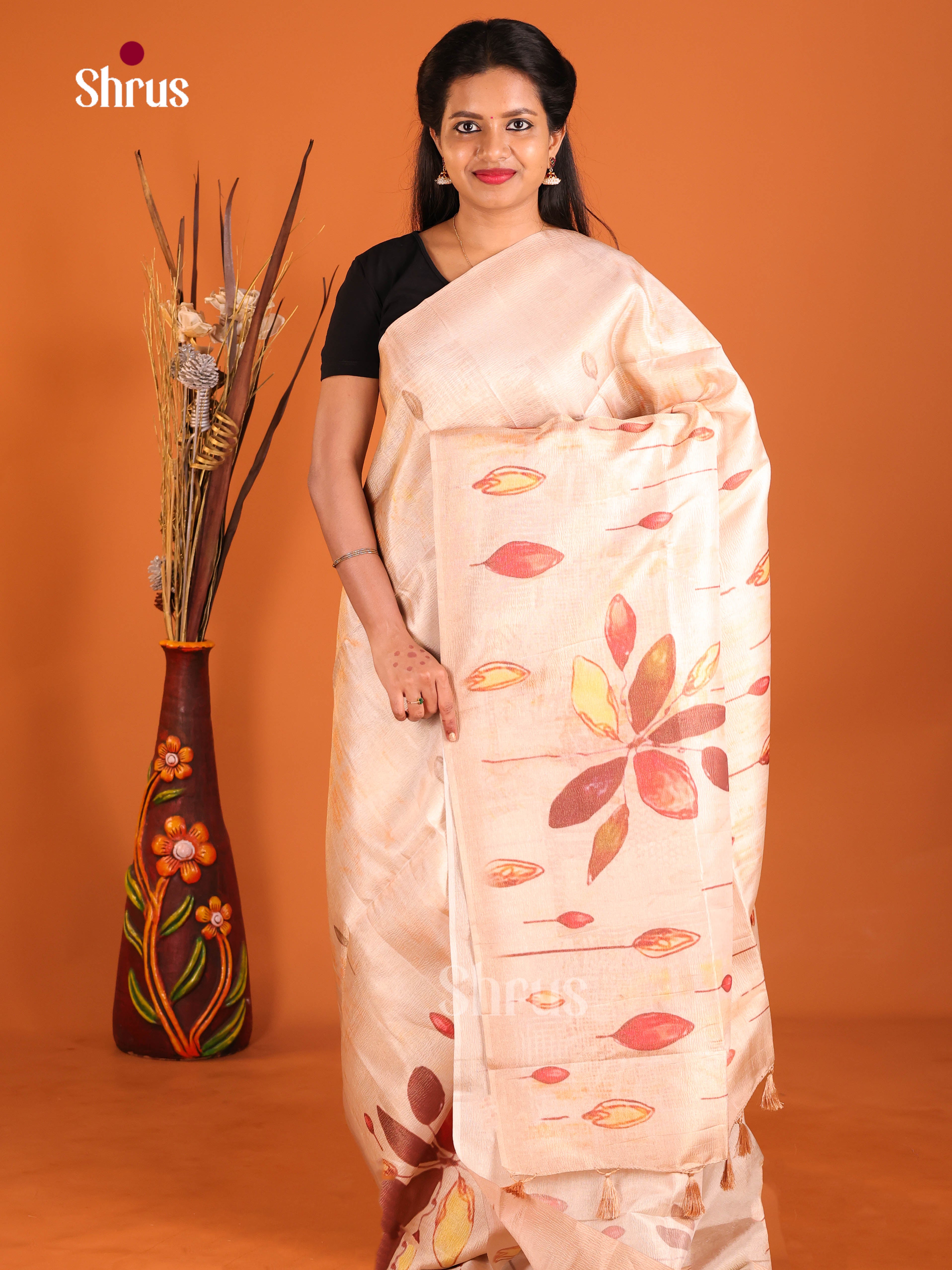 Cream - Bamboo silk Saree
