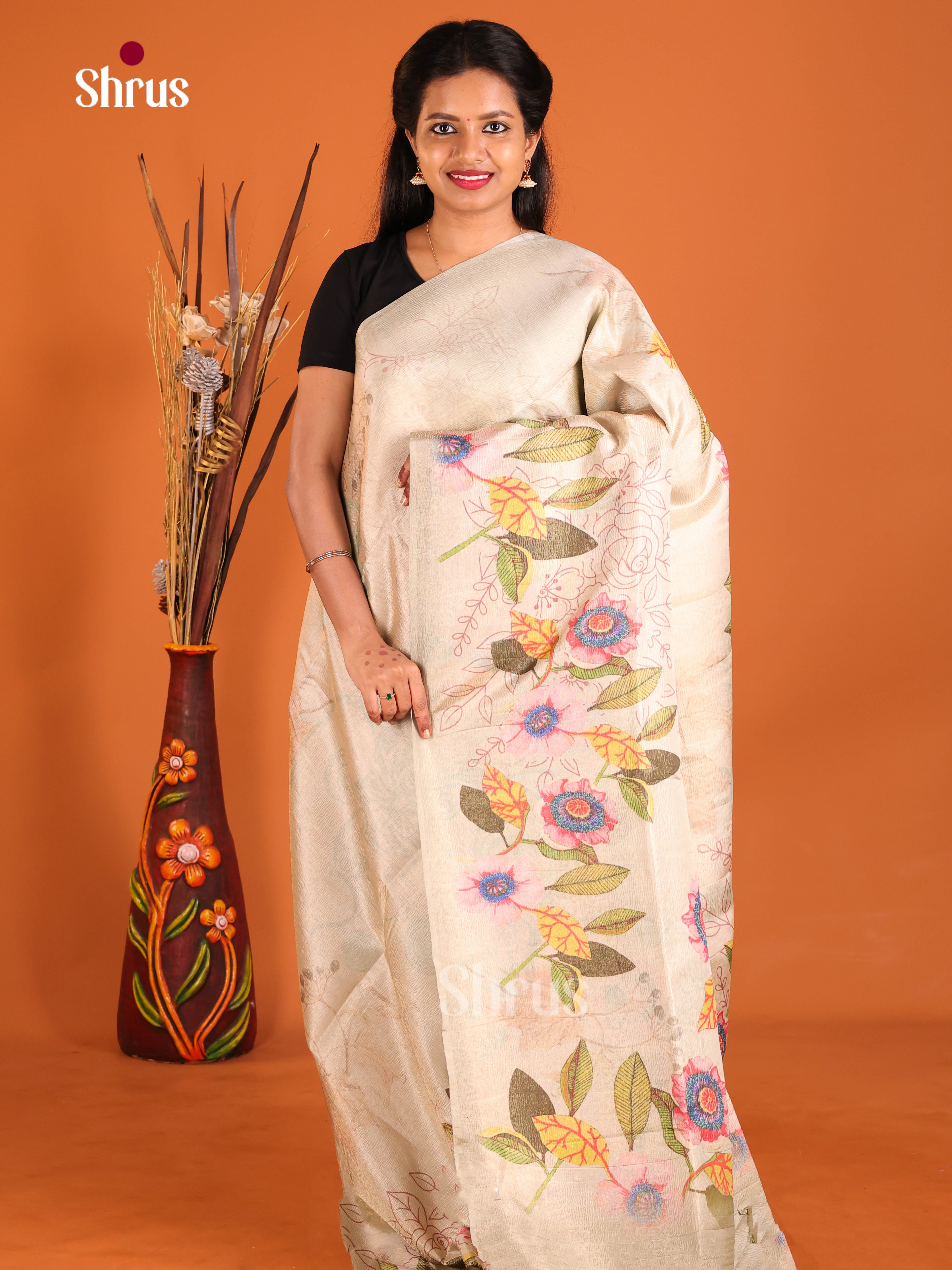 Cream- Bamboo silk Saree