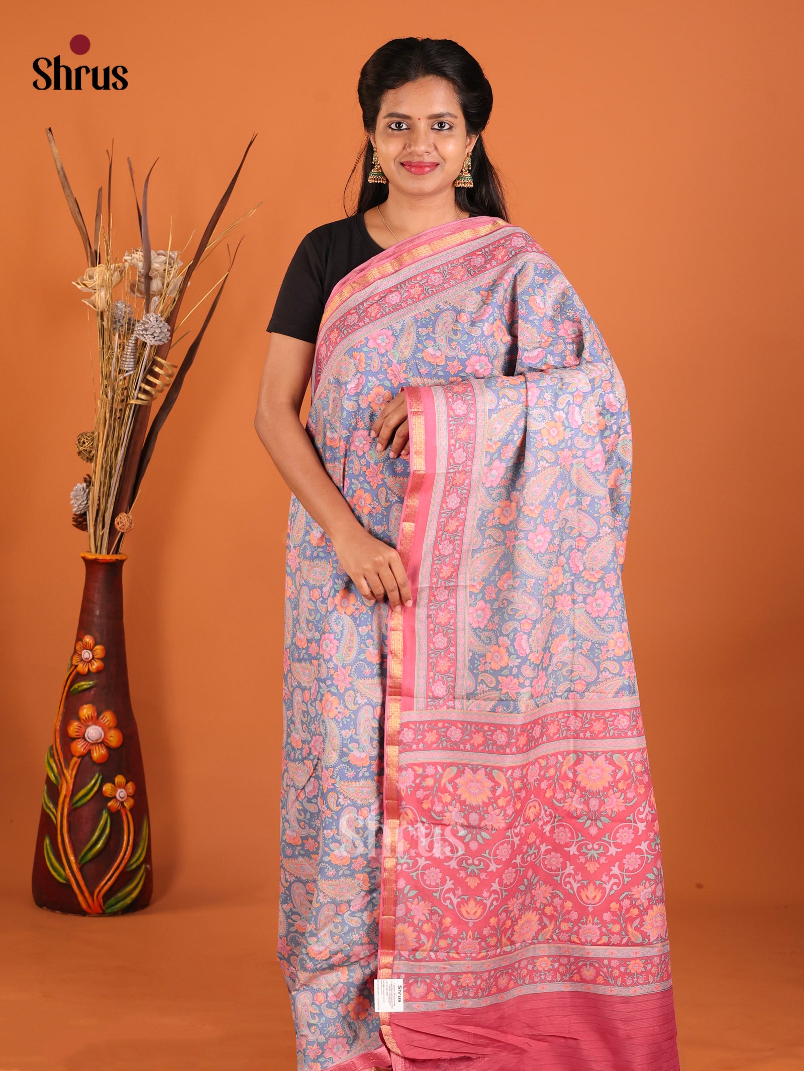 Blue & Pink - Printed Silk Saree