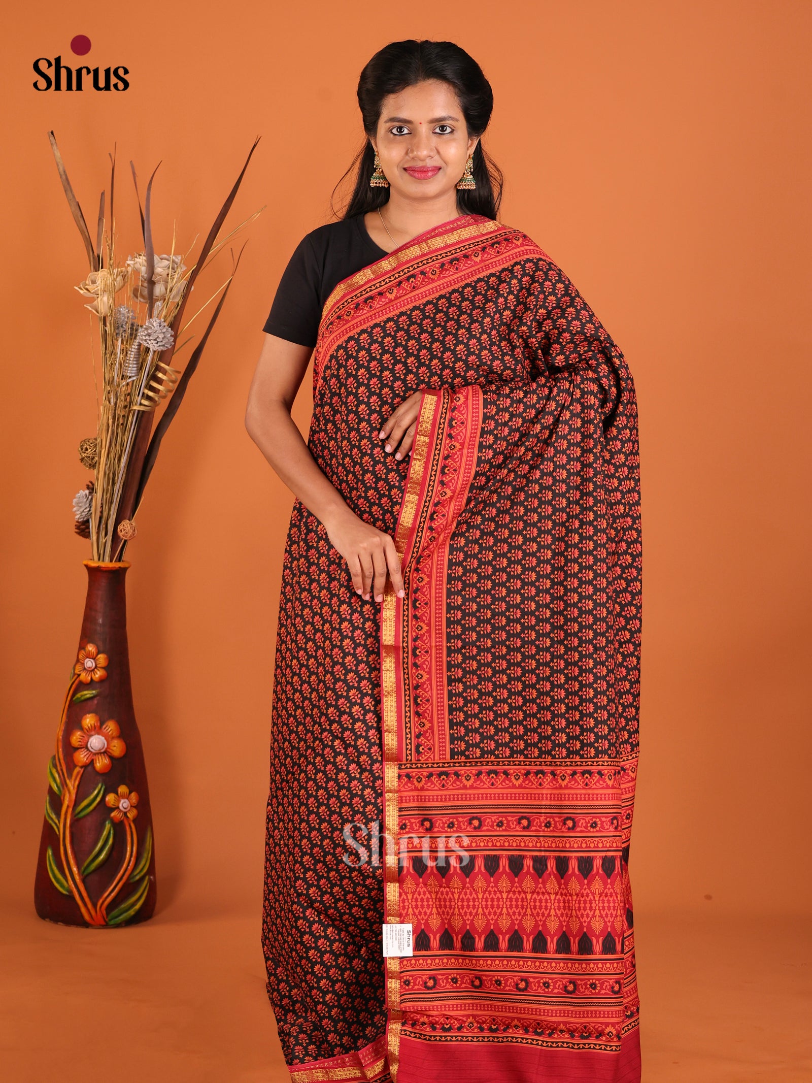 Black & Red - Printed Silk Saree - Shop on Shrus.com