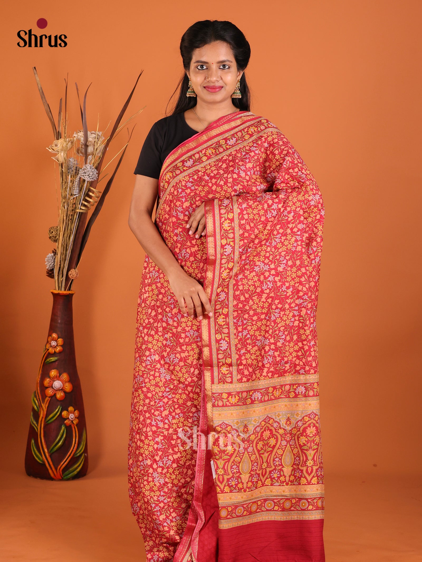 Red - Printed Silk Saree - Shop on Shrus.com