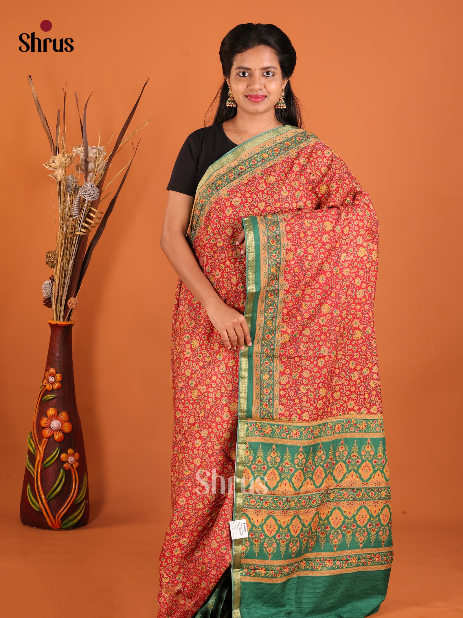 Red & Green - Printed Silk Saree - Shop on Shrus.com
