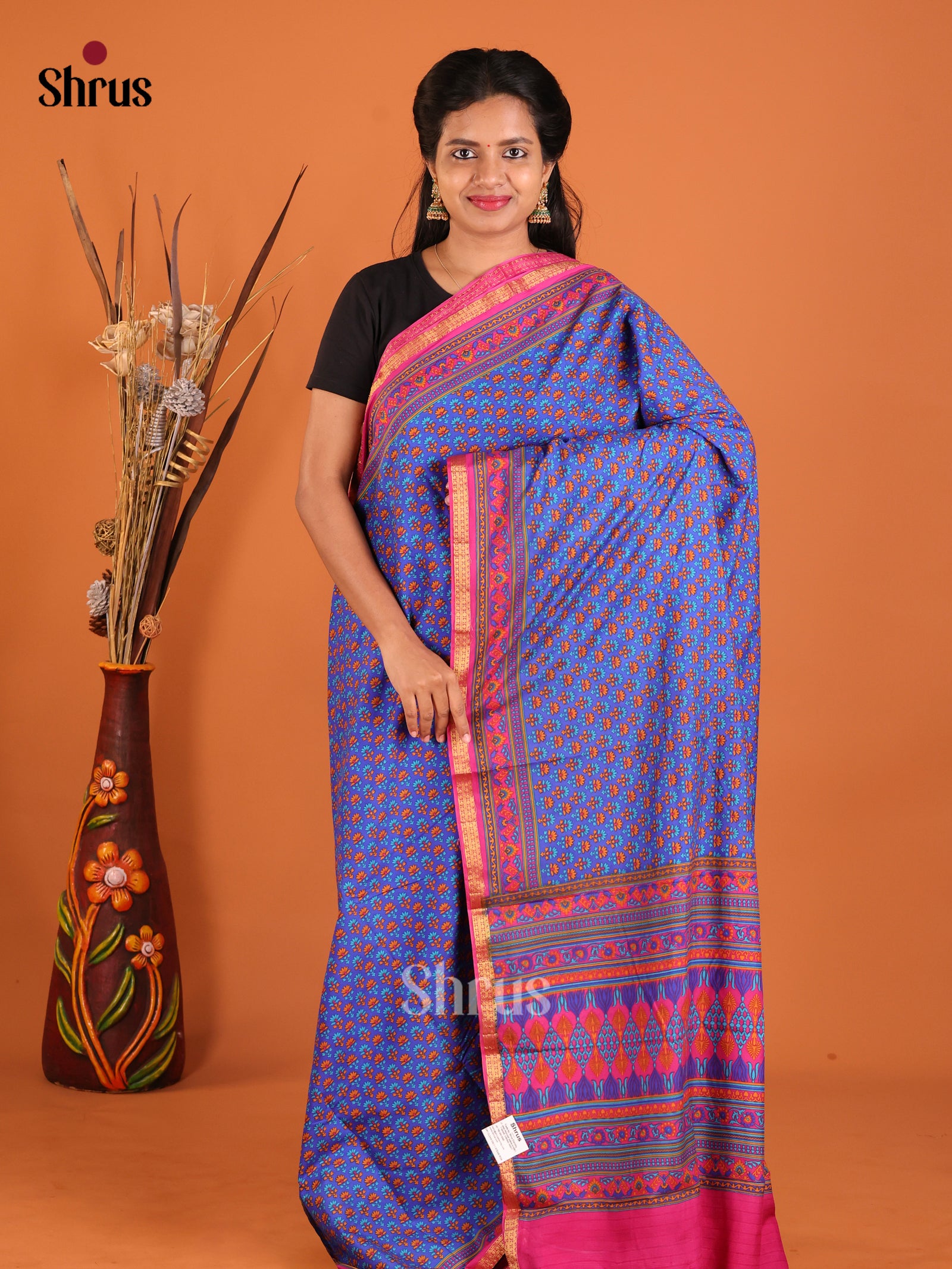 Blue & Pink - Printed Silk Saree