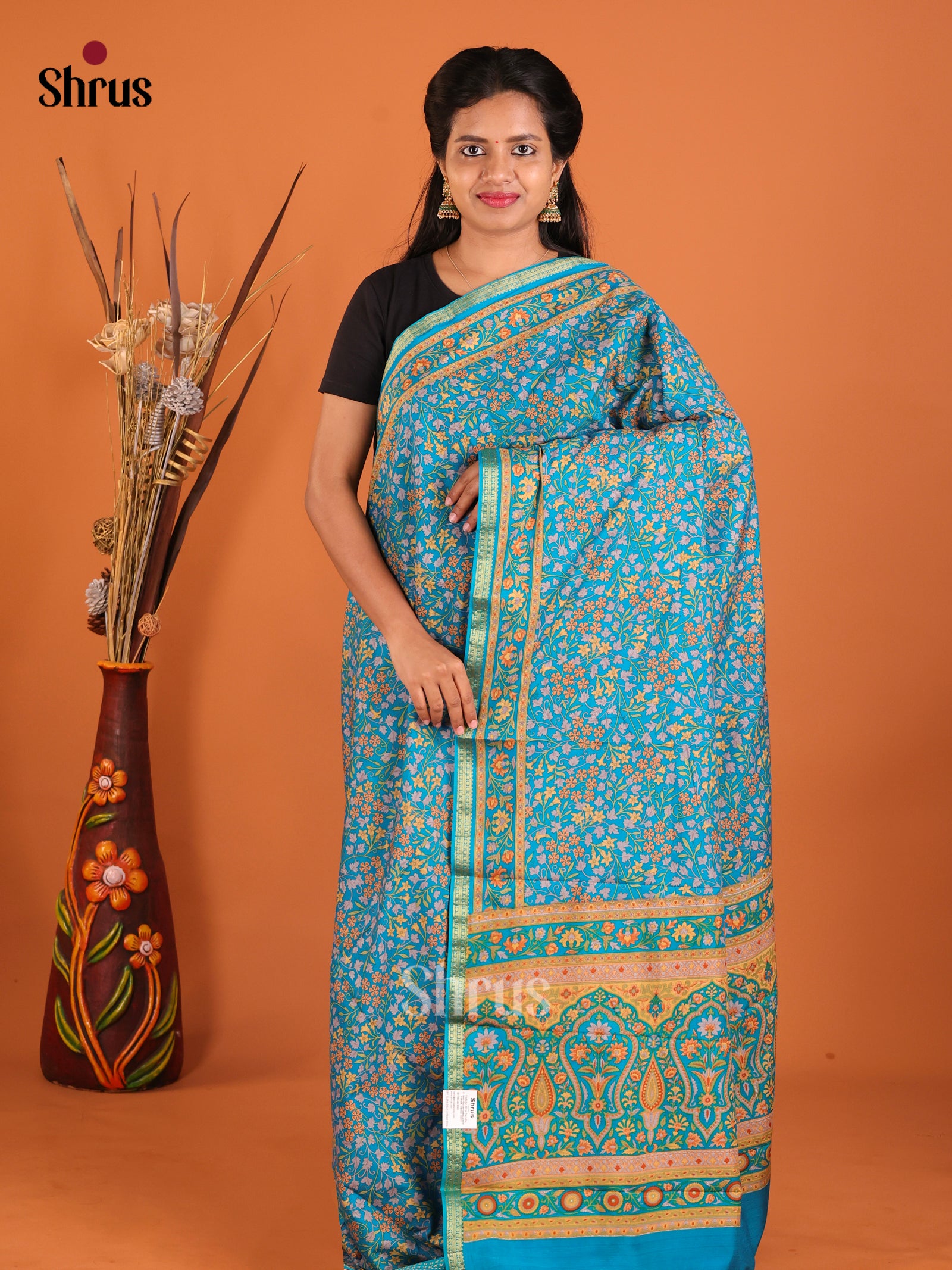 Blue - Printed Silk Saree