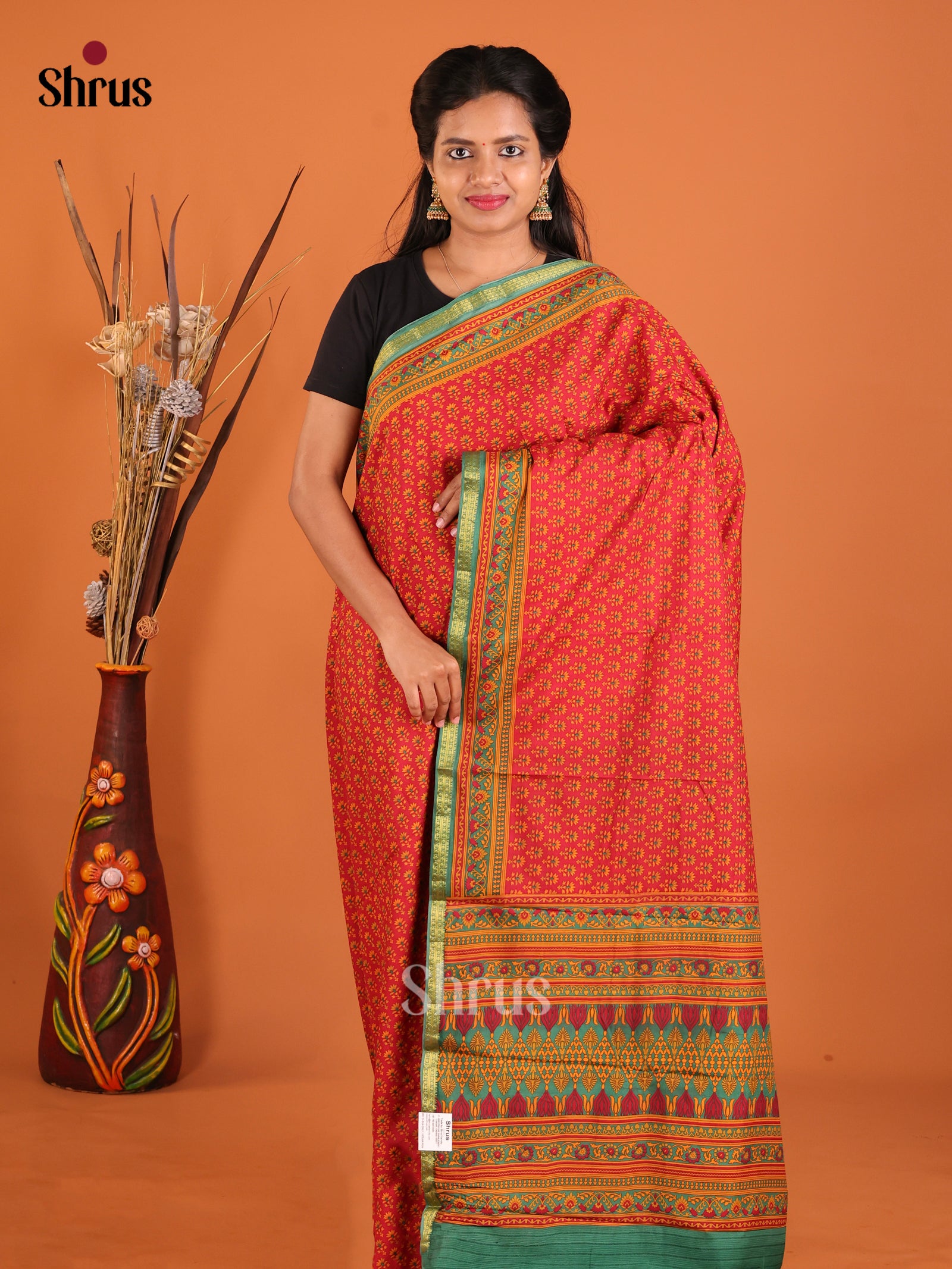 Red & Green - Printed Silk Saree - Shop on Shrus.com