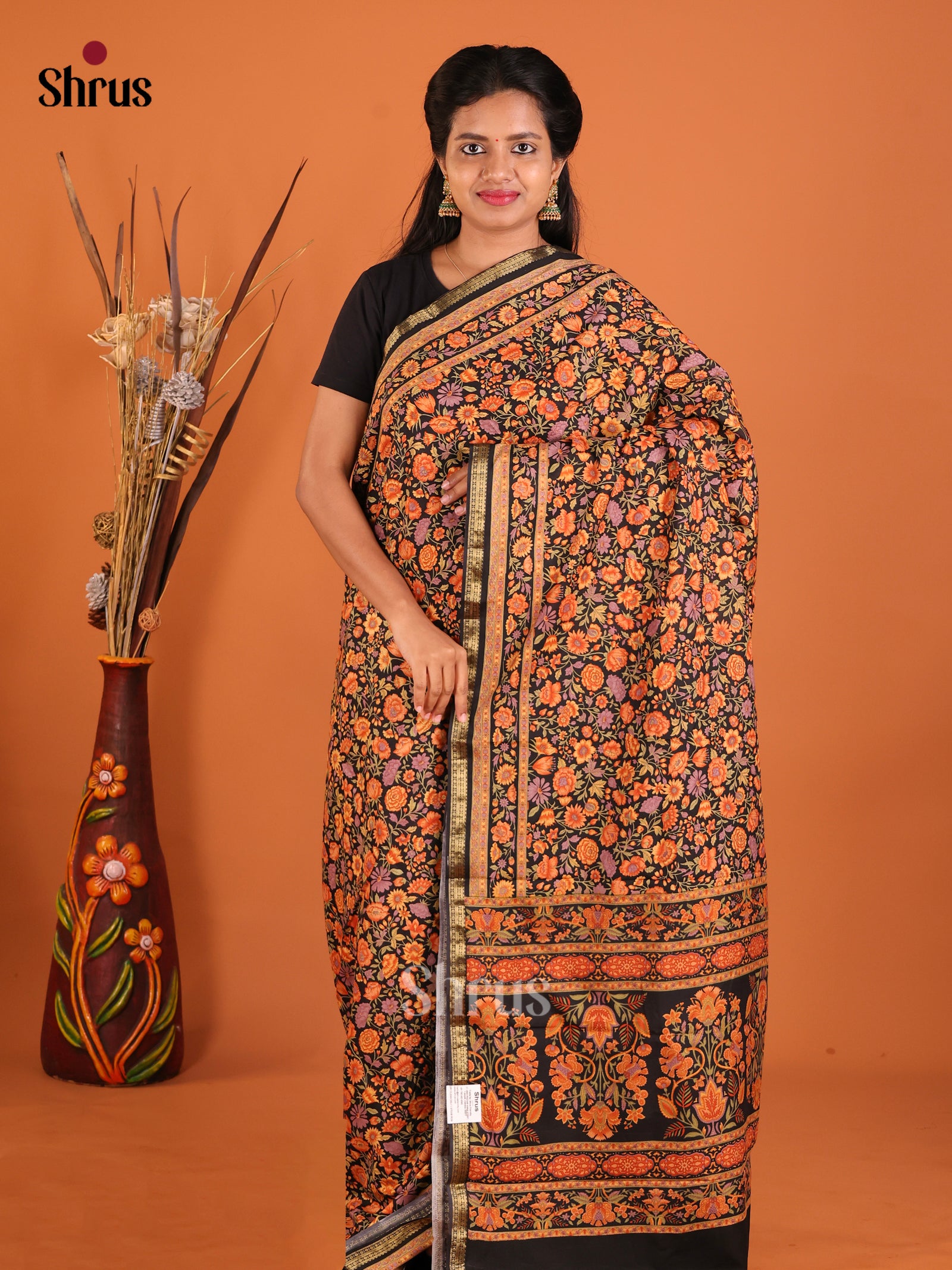 Black & Orange - Printed Silk Saree - Shop on Shrus.com