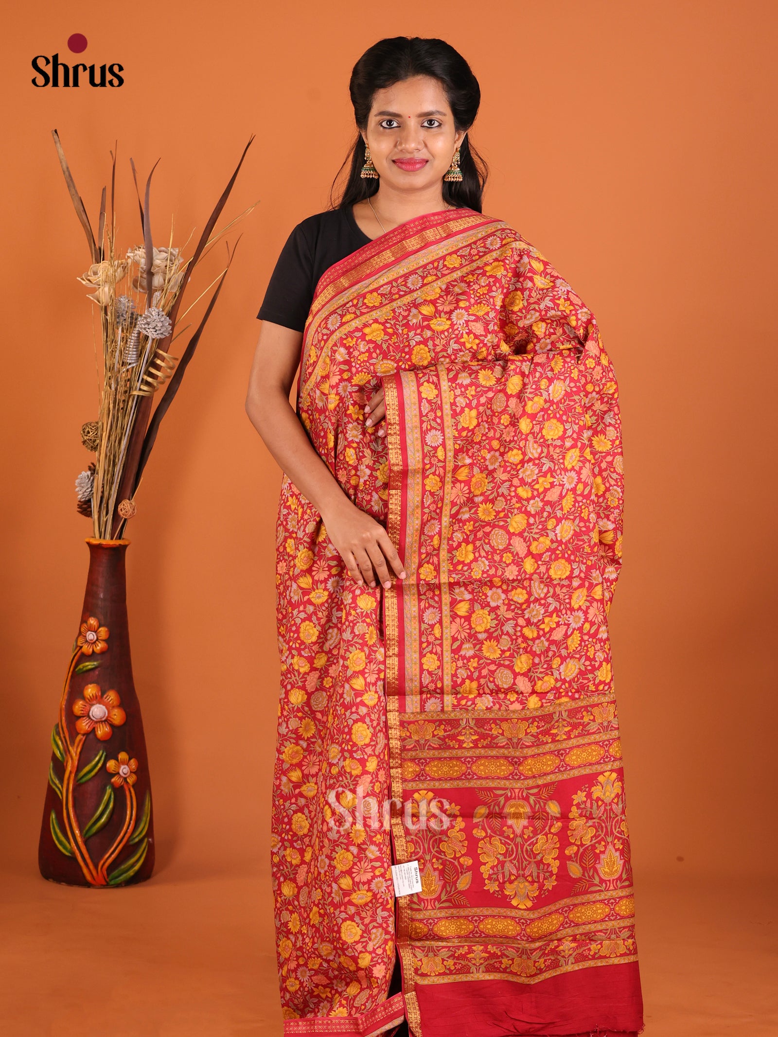 Red - Printed Silk Saree - Shop on Shrus.com