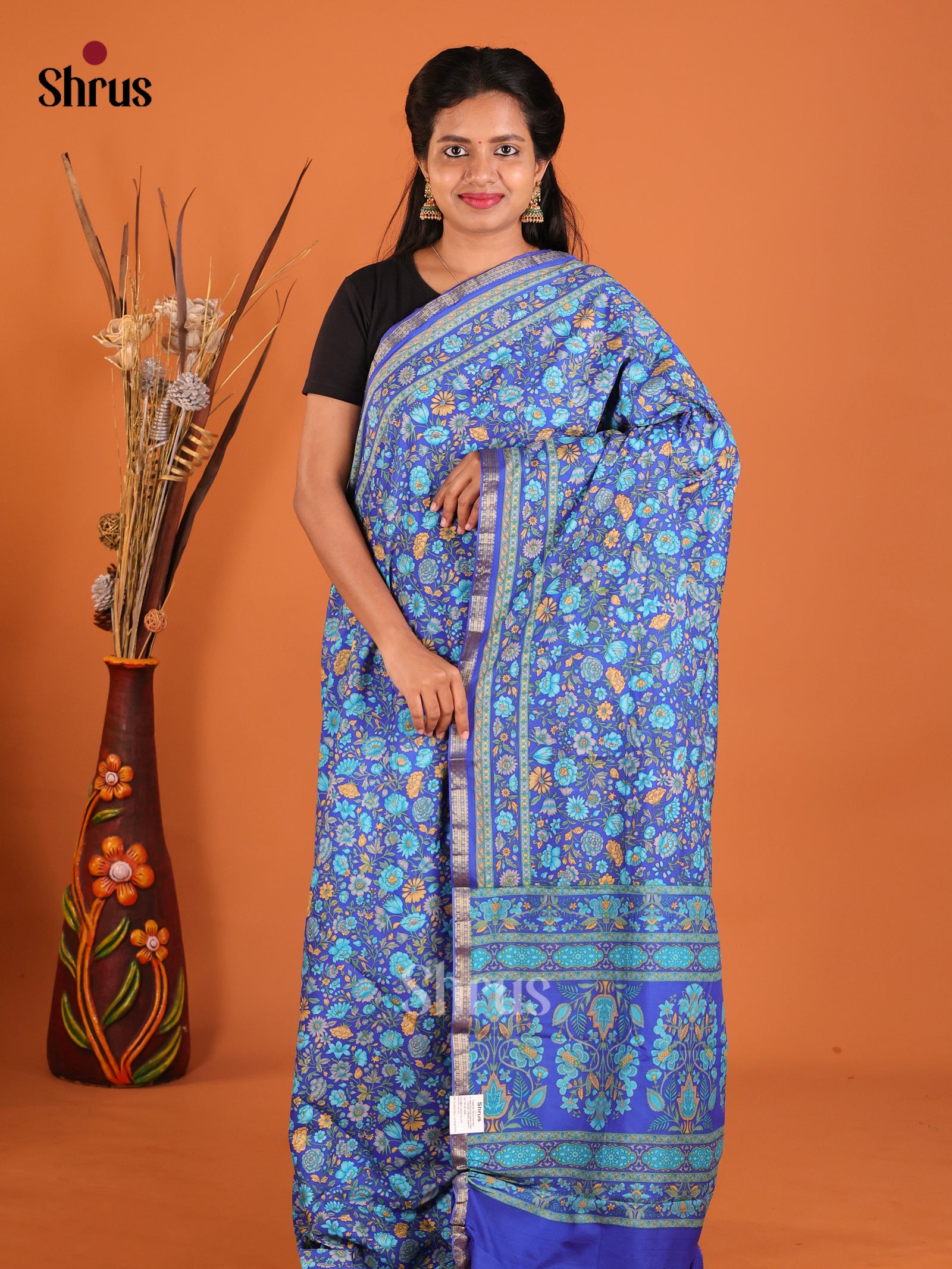 Blue - Printed Silk Saree