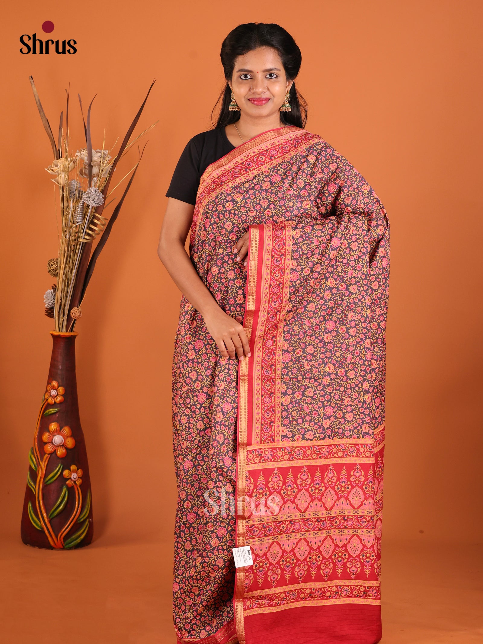 Blue & Red - Printed Silk Saree