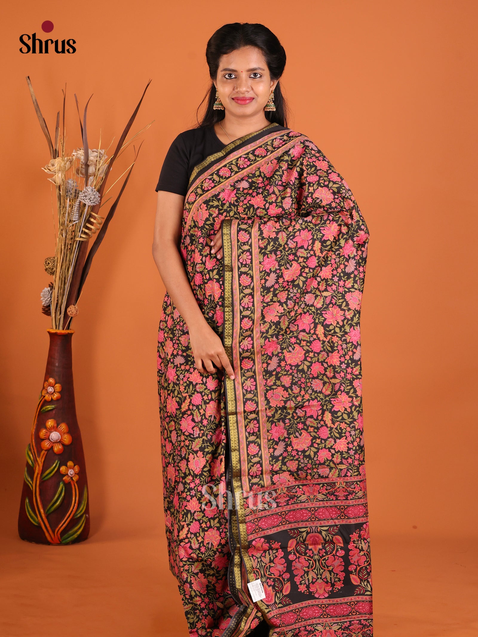 Black & Pink - Printed Silk Saree