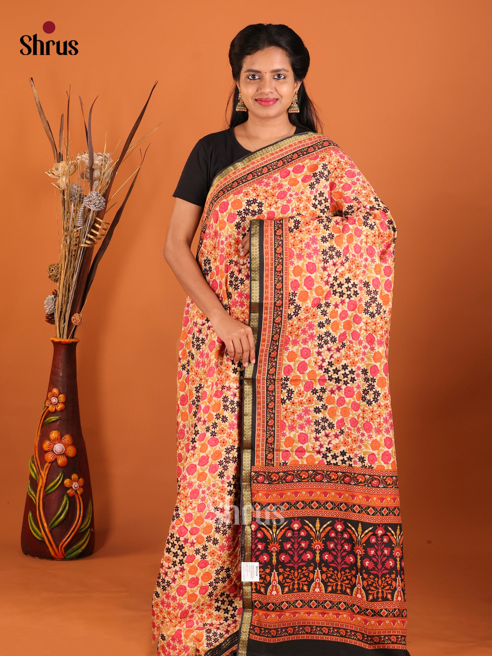Cream & Black - Printed Silk Saree
