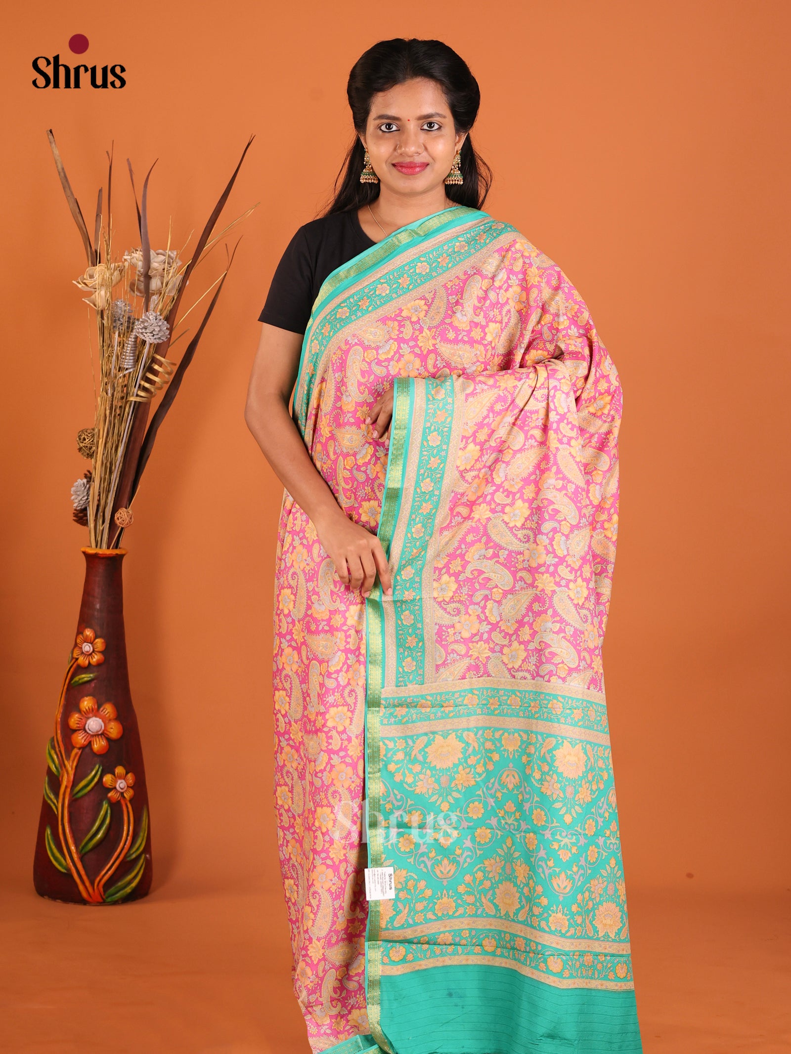 Pink & green - Printed Silk Saree - Shop on Shrus.com