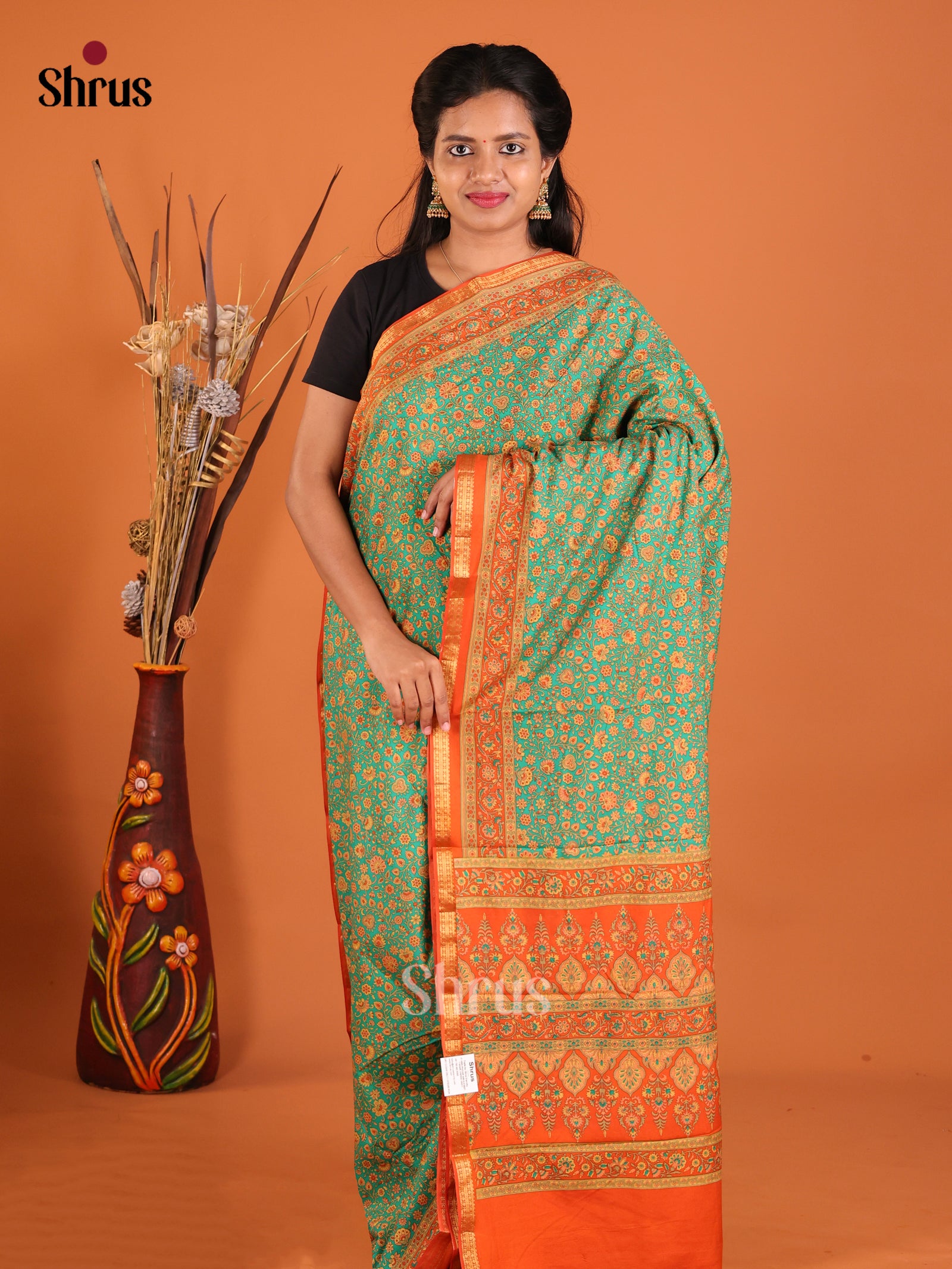 Green & Orange - Printed Silk Saree - Shop on Shrus.com