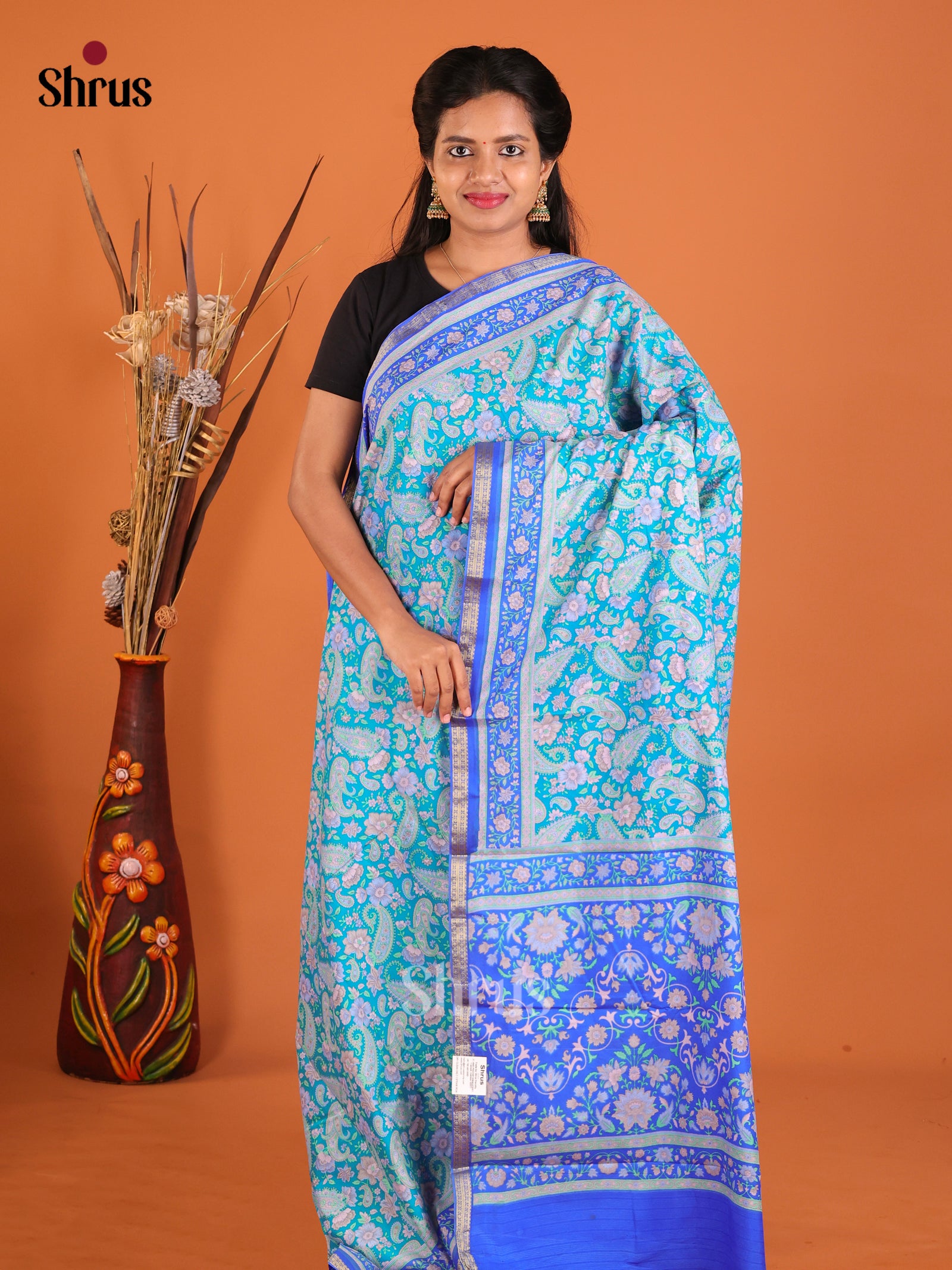 Pastel Blue & Blue- Printed Silk Saree - Shop on Shrus.com