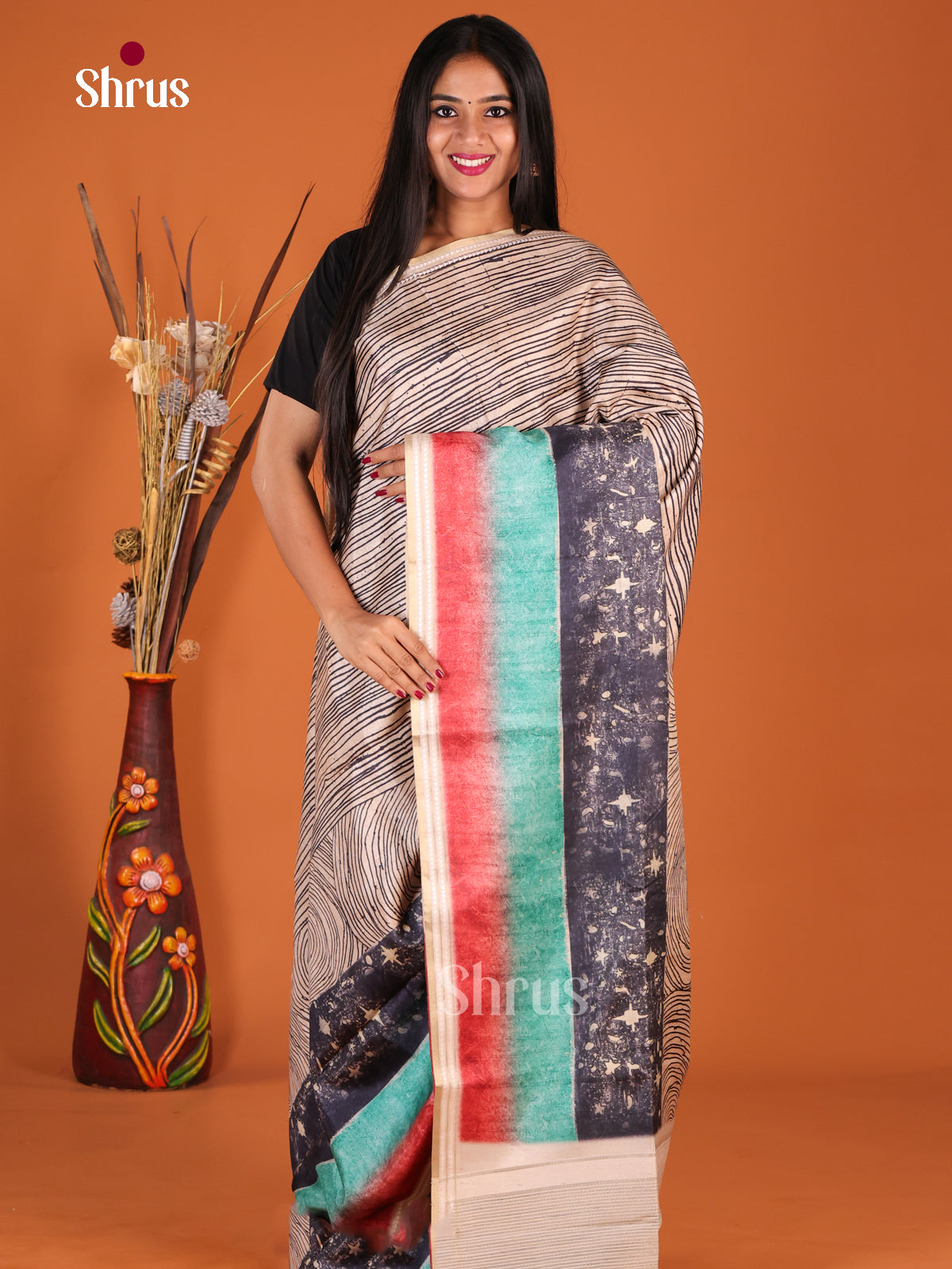 Cream & Teal - Semi matka Saree