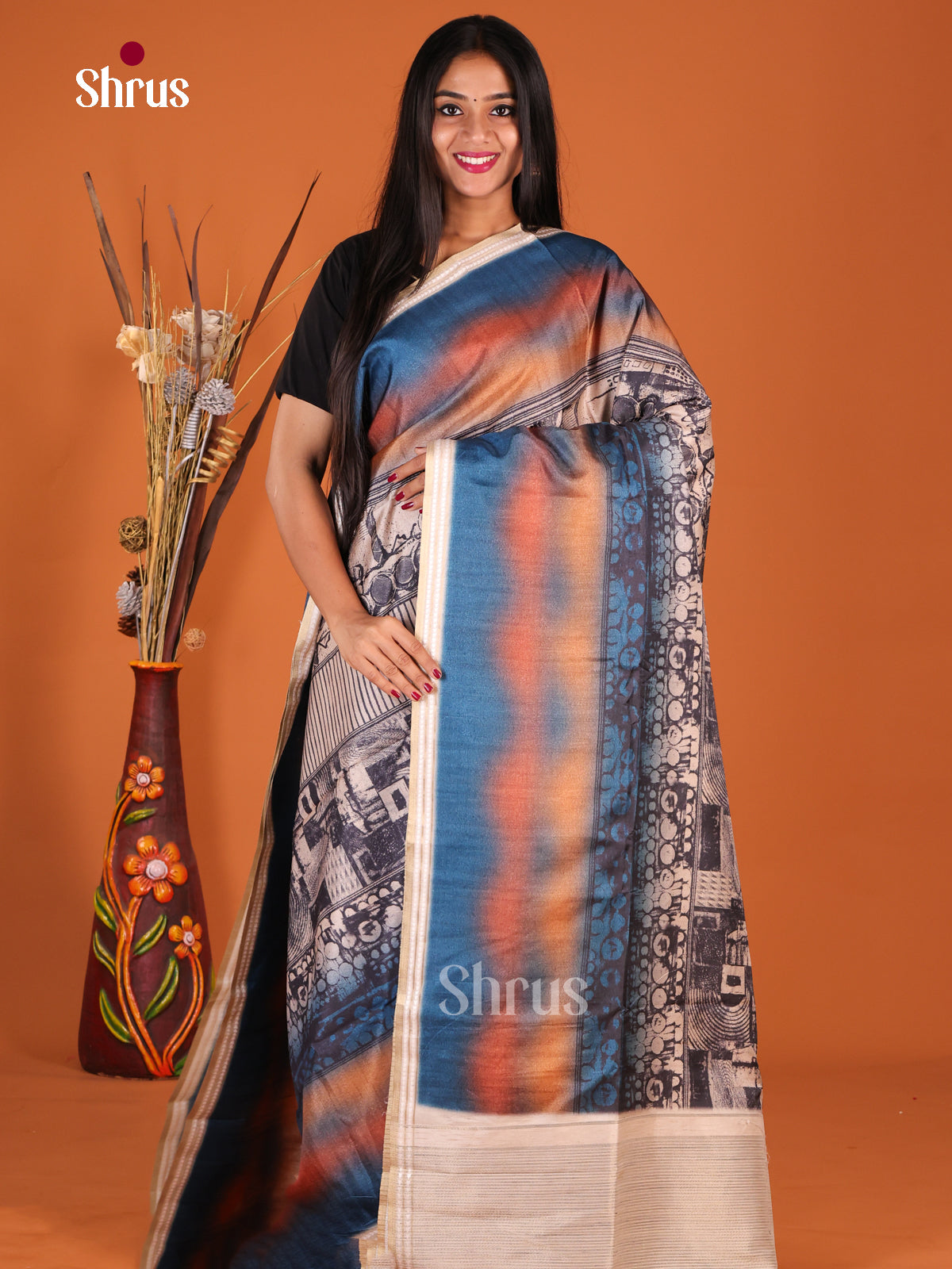 Cream & Blue - Semi matka Saree