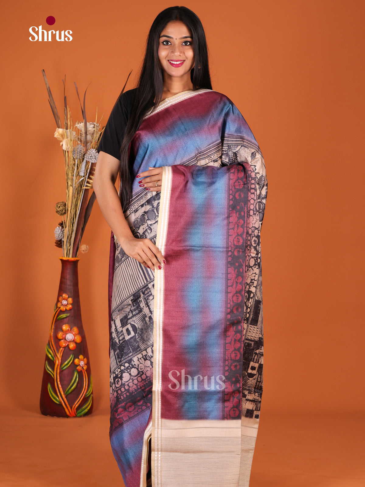 Cream & Maroon - Semi matka Saree
