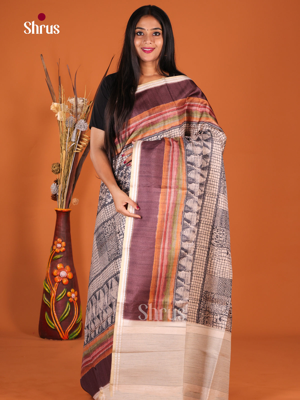 Cream & Brown - Semi matka Saree