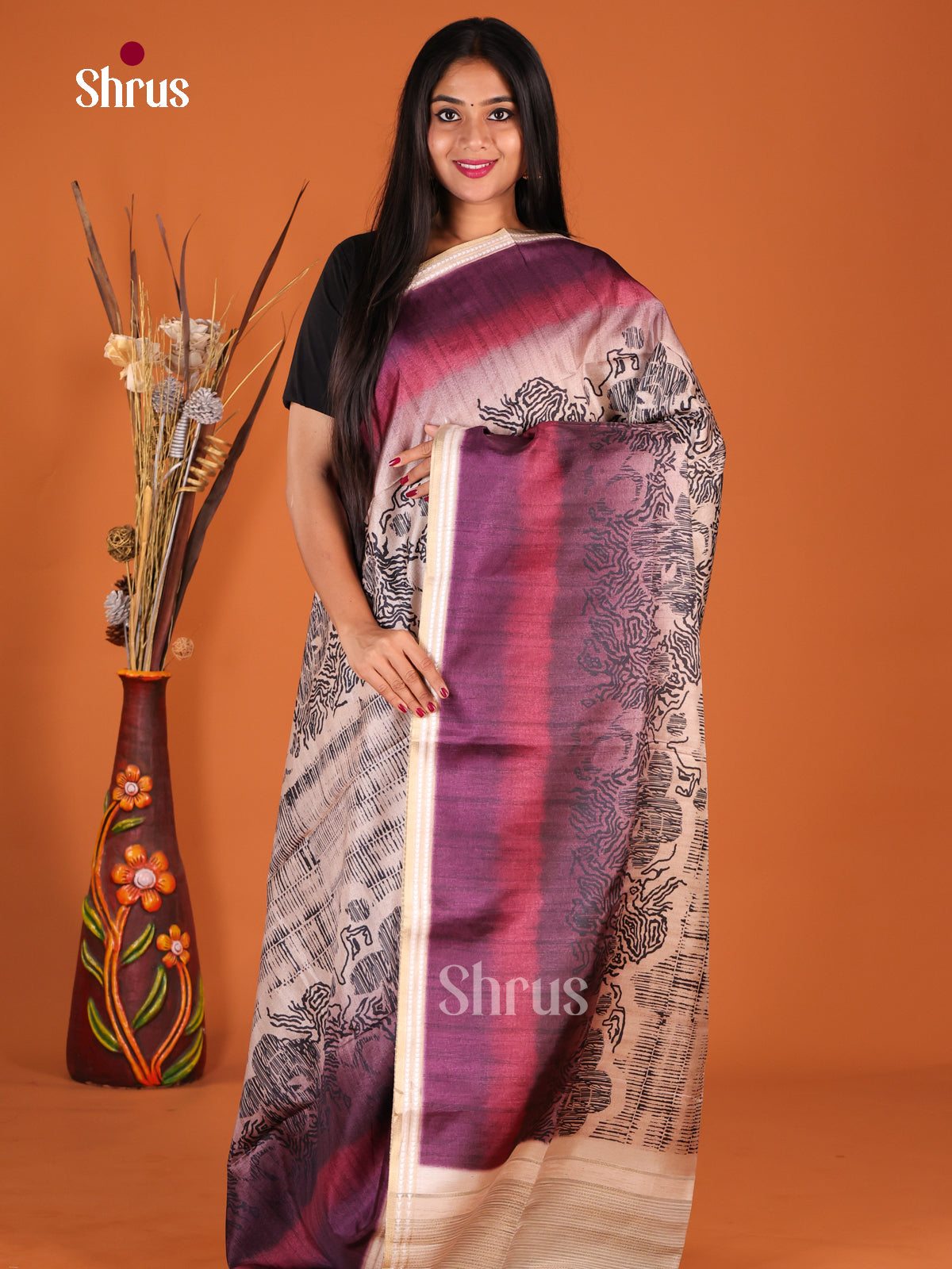 Cream & Purple - Semi matka Saree - Shop on Shrus.com