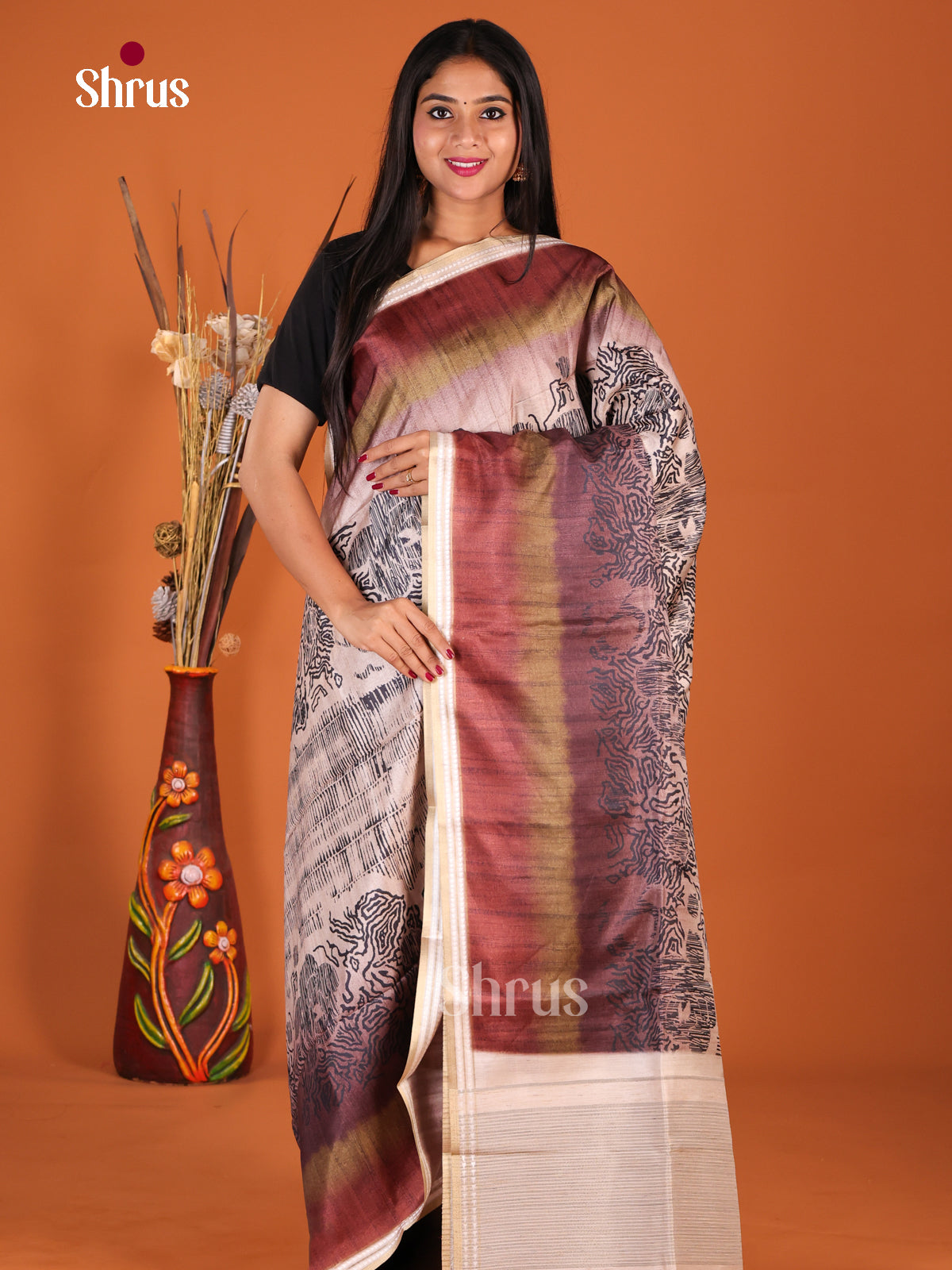 Cream & Brown - Semi matka Saree