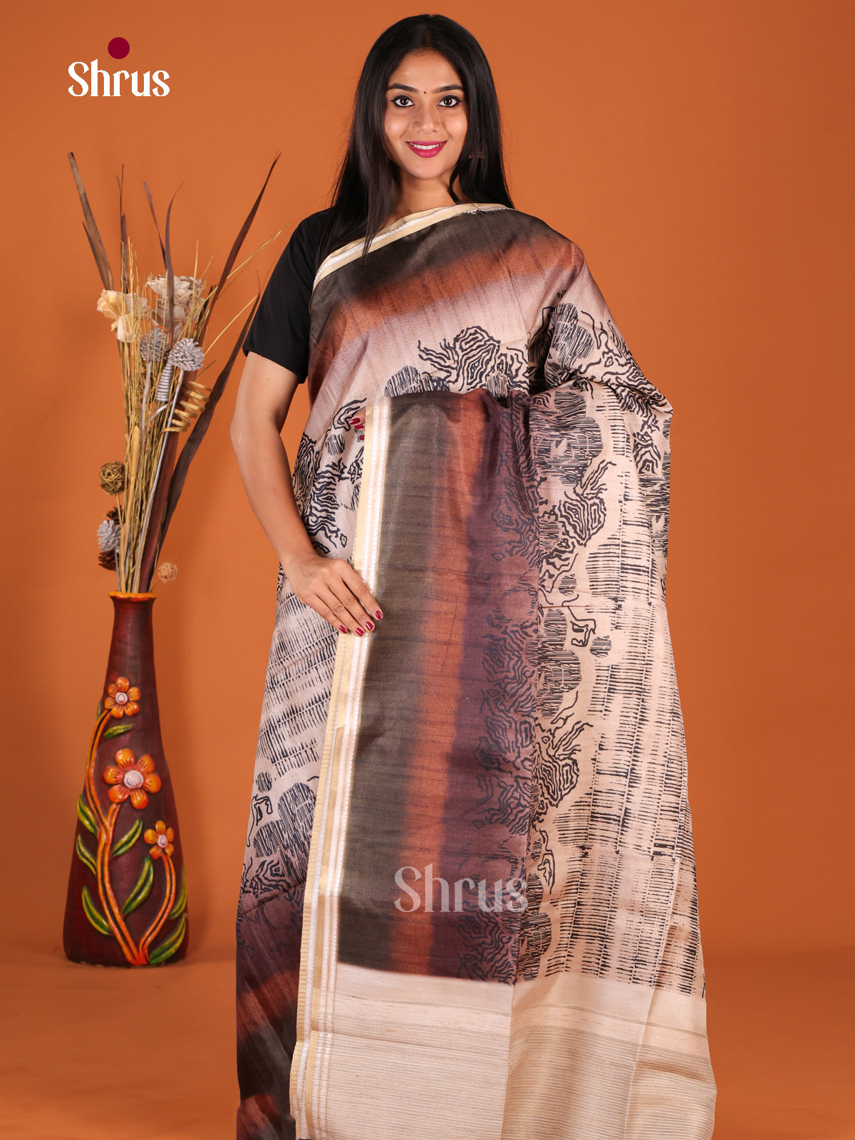 Cream & Brown- Semi matka Saree