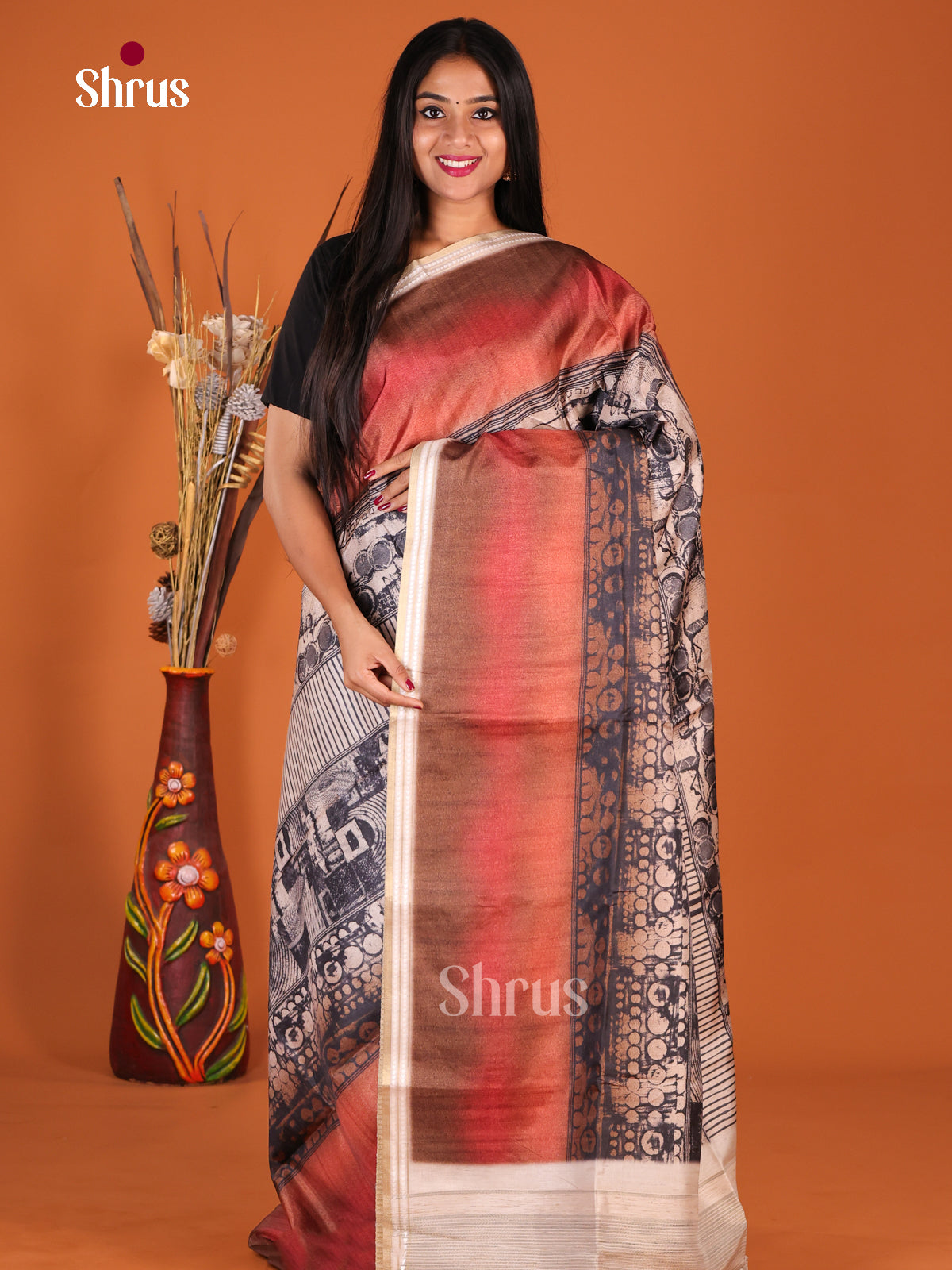 Cream & Brick- Semi matka Saree