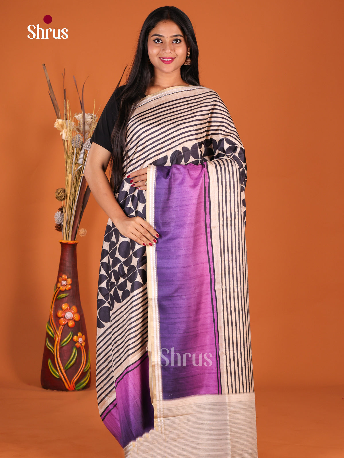 Cream & Purple - Semi matka Saree
