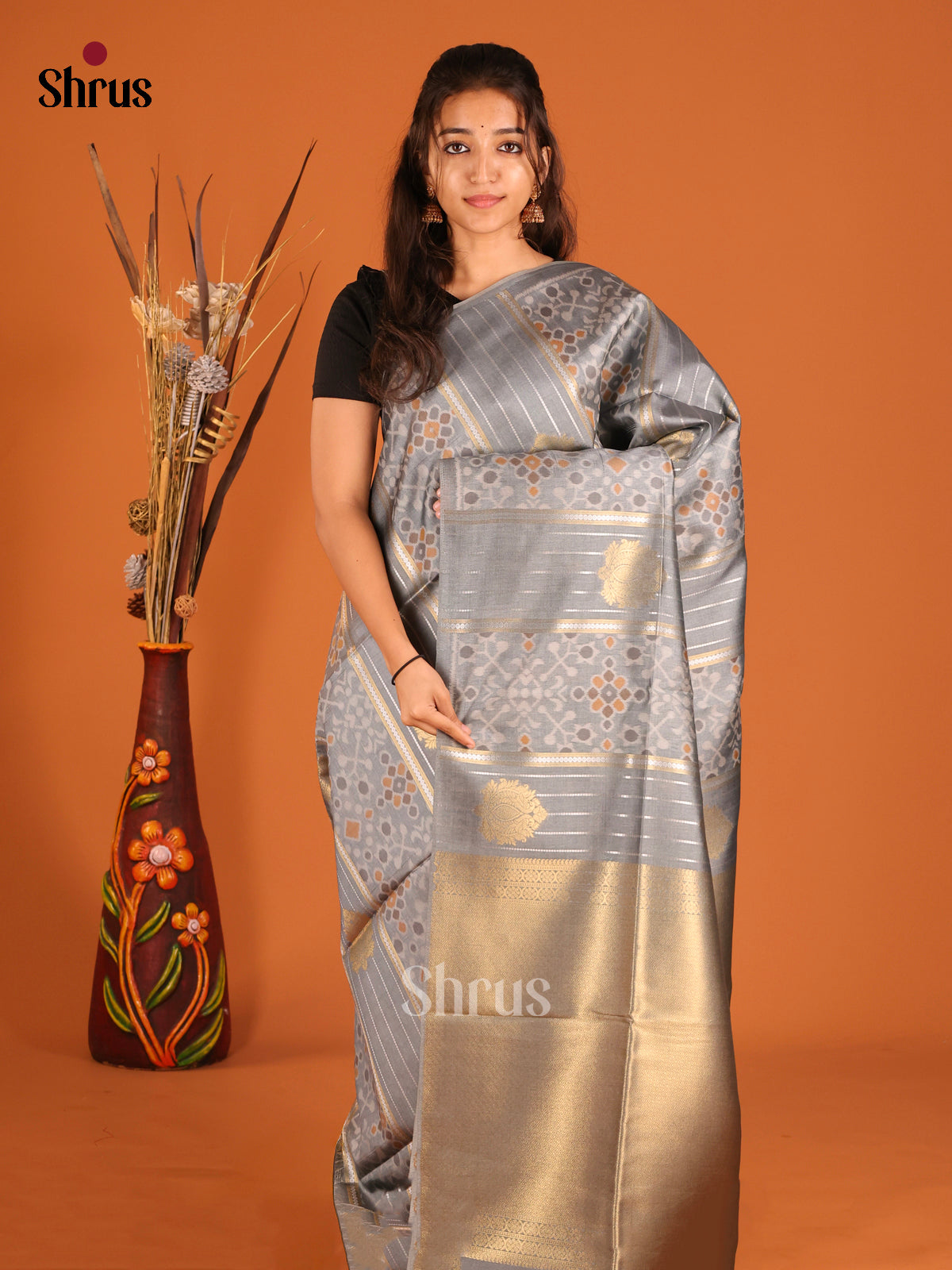 Grey - Semi Tussar Saree
