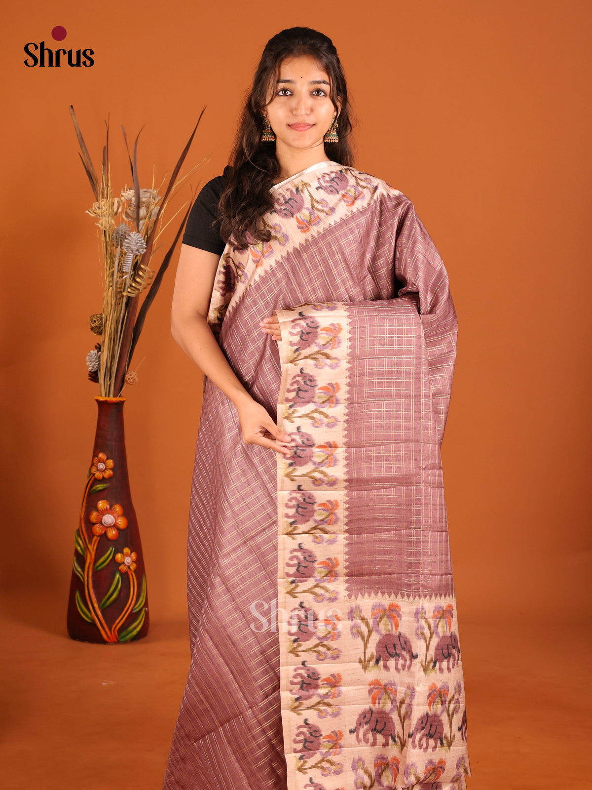 Brown & cream - Moonga Silk Saree