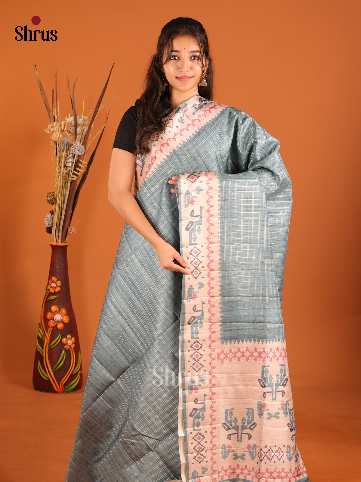Greyish Blue & Cream- Moonga Silk Saree