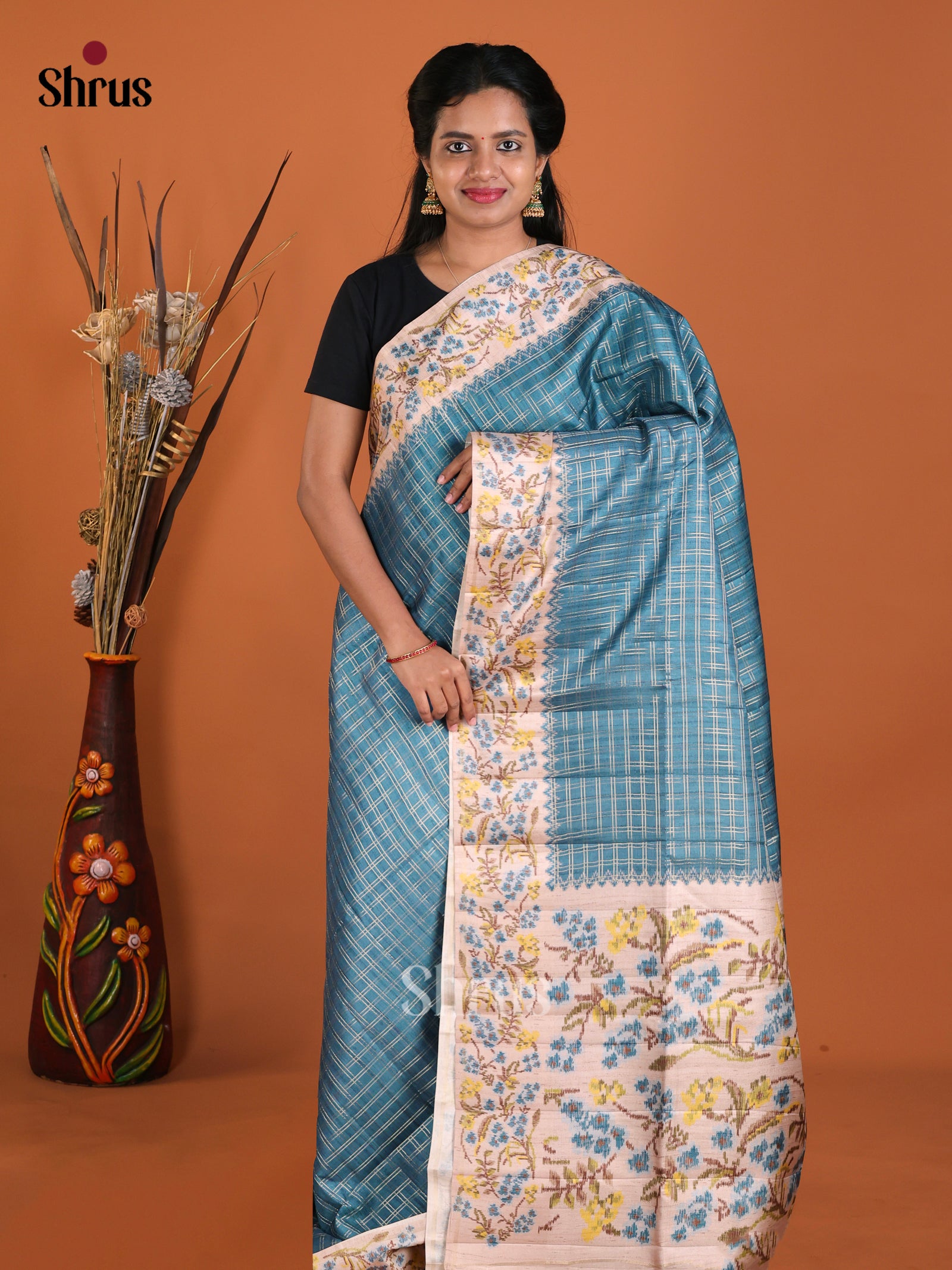 Blue & Cream - Moonga Silk Saree