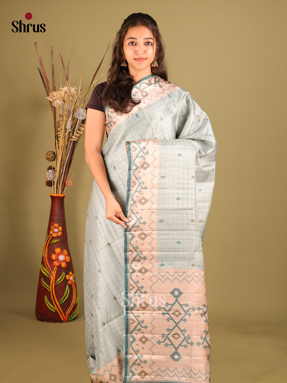 Blue & Cream - Moonga Silk Saree