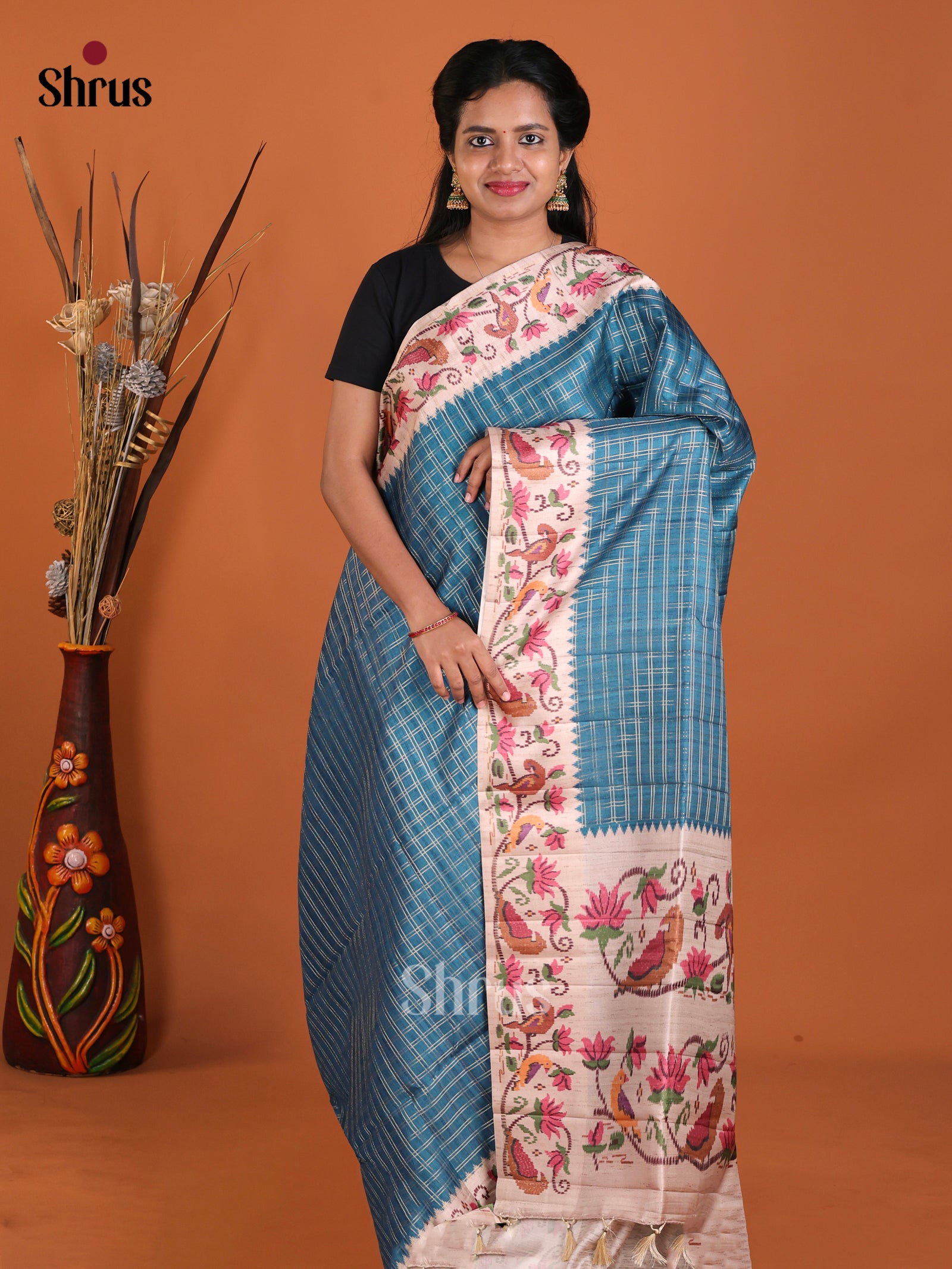 Blue & Cream - Moonga Silk Saree