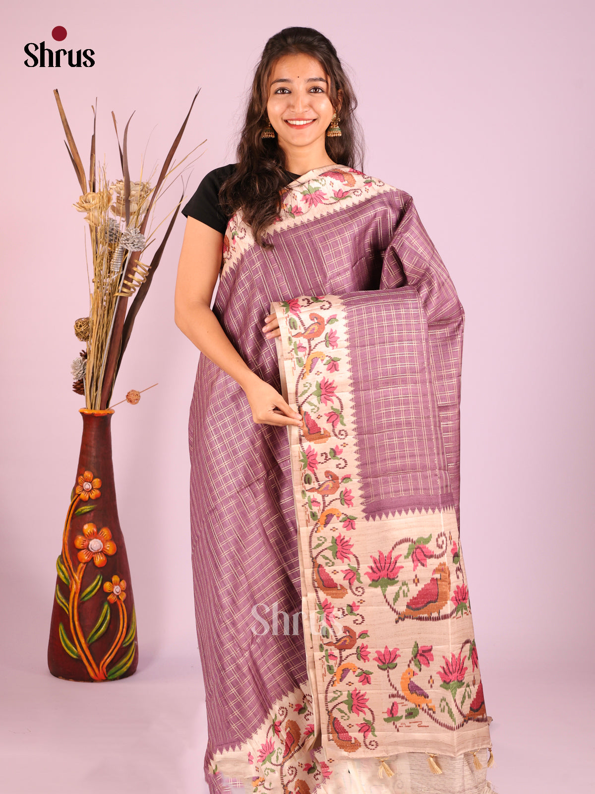 Mauve & Cream - Moonga Silk Saree - Shop on Shrus.com