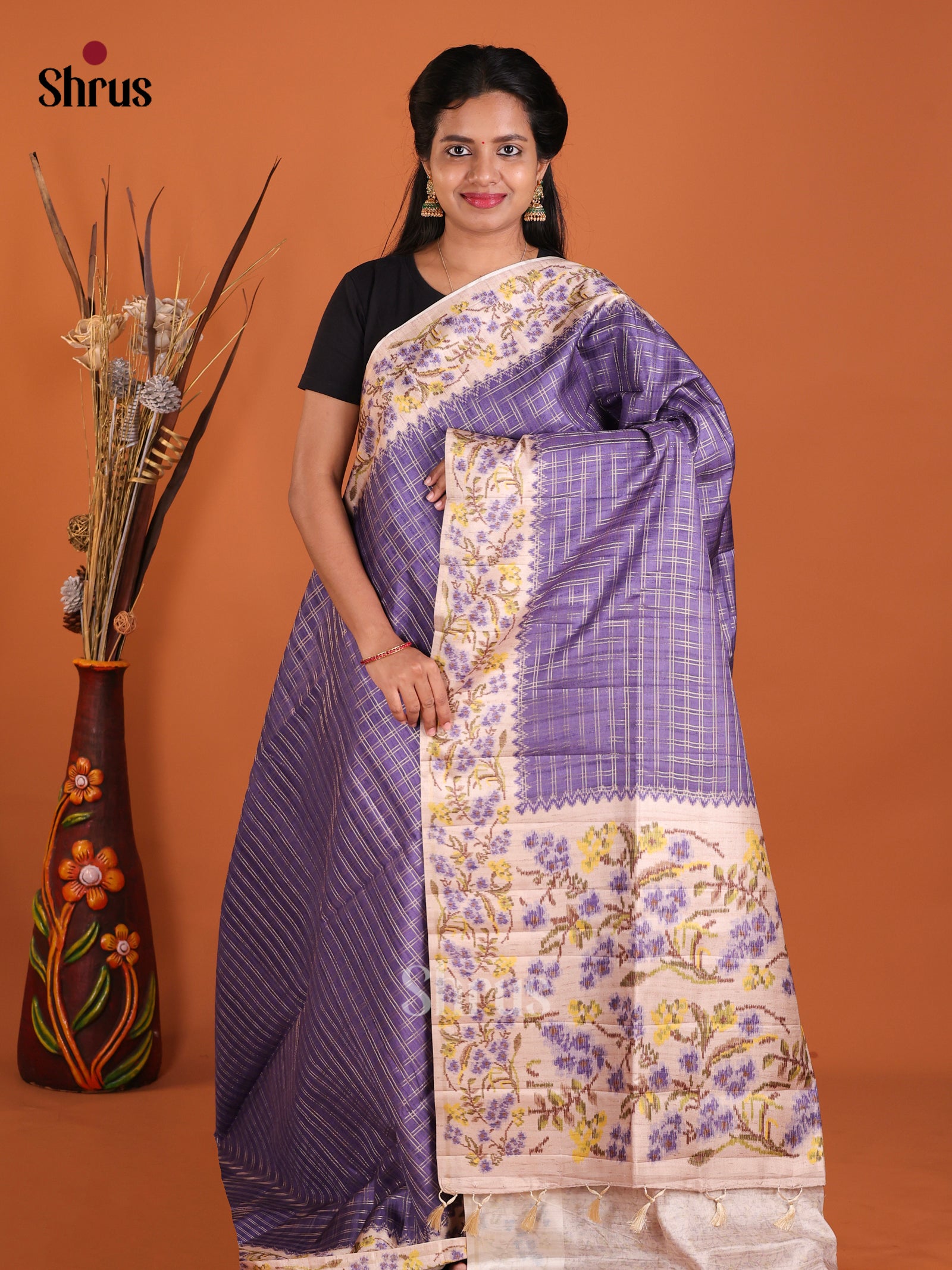 Purple & Cream - Moonga Silk Saree