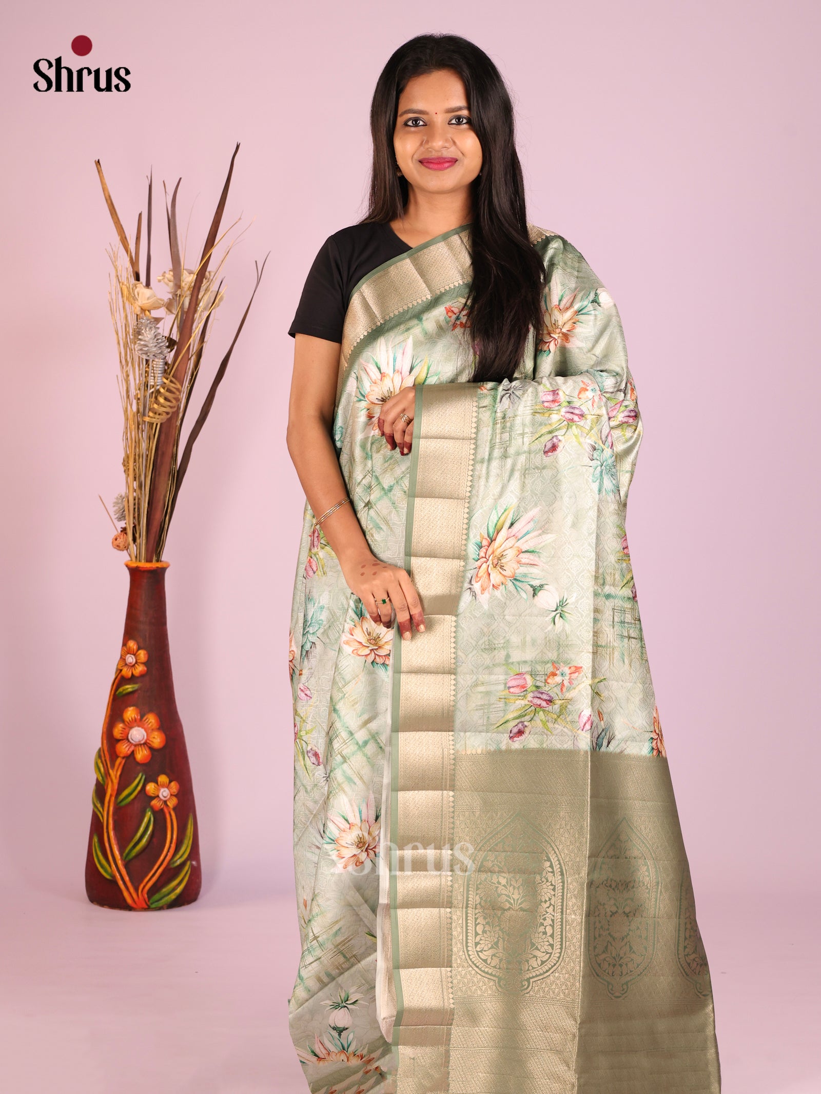 Pastel Green - Printed Semi Tussar Saree - Shop on Shrus.com
