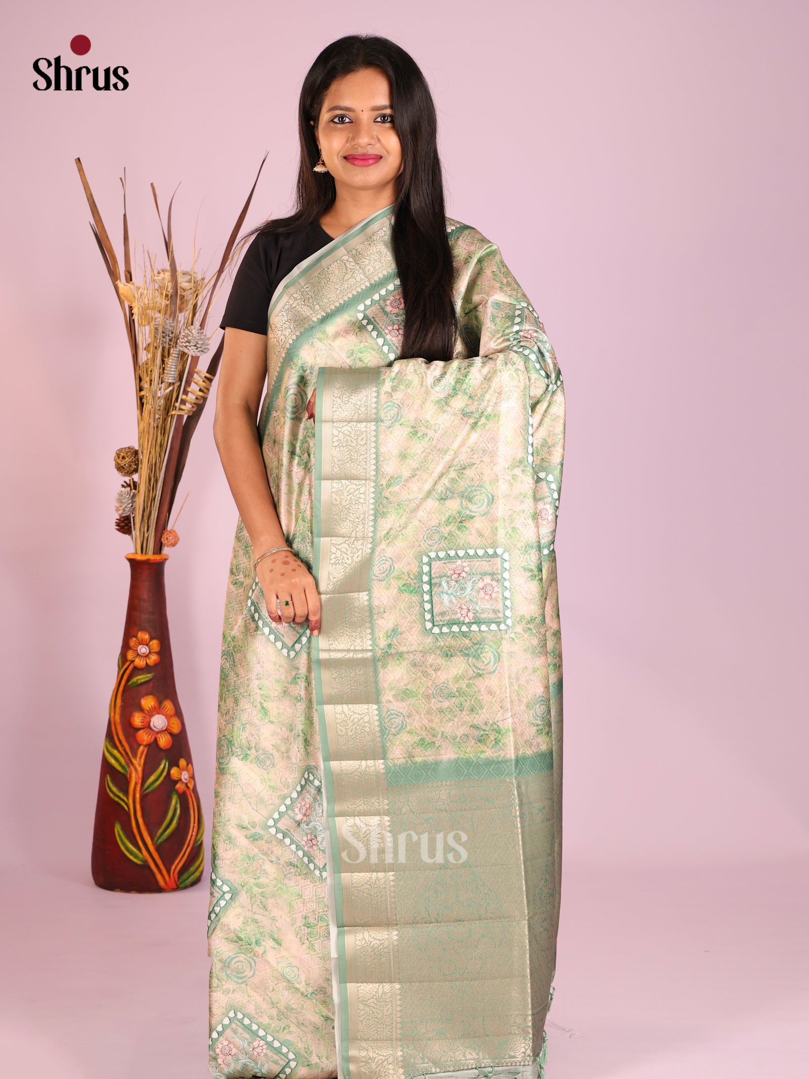 DHS25480 - Printed Semi Tussar Saree