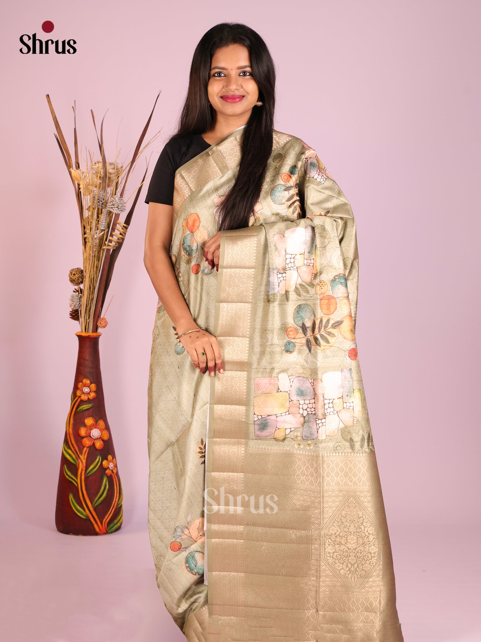 Chutney Green - Printed Semi Tussar Saree