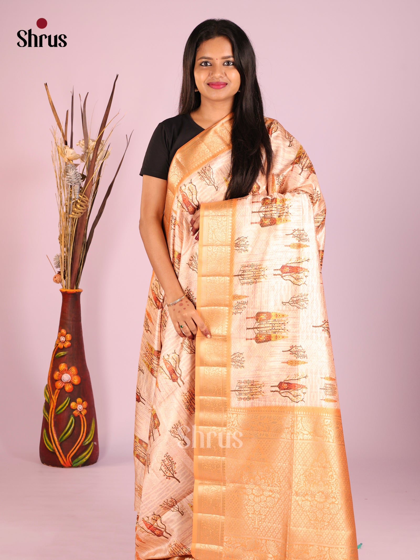 Cream & Brick- Printed Semi Tussar Saree