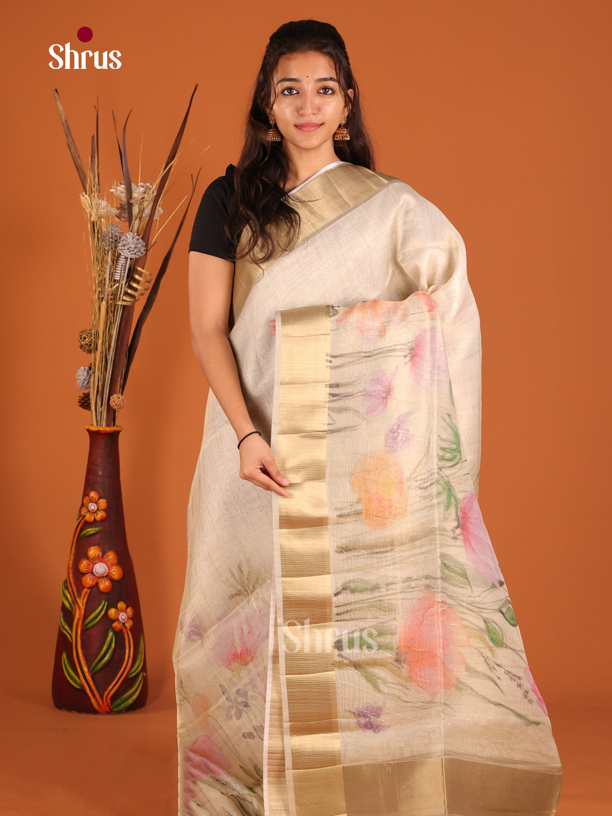 Cream & Grey- Semi Organza Saree