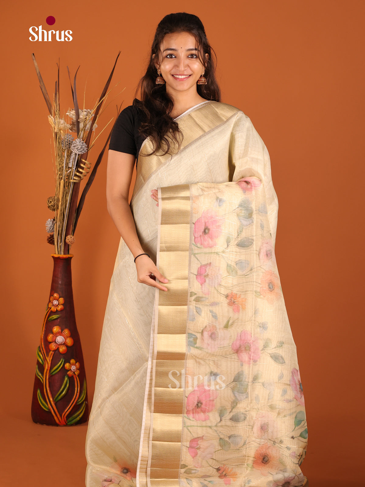 Cream- Semi Organza Saree - Shop on Shrus.com