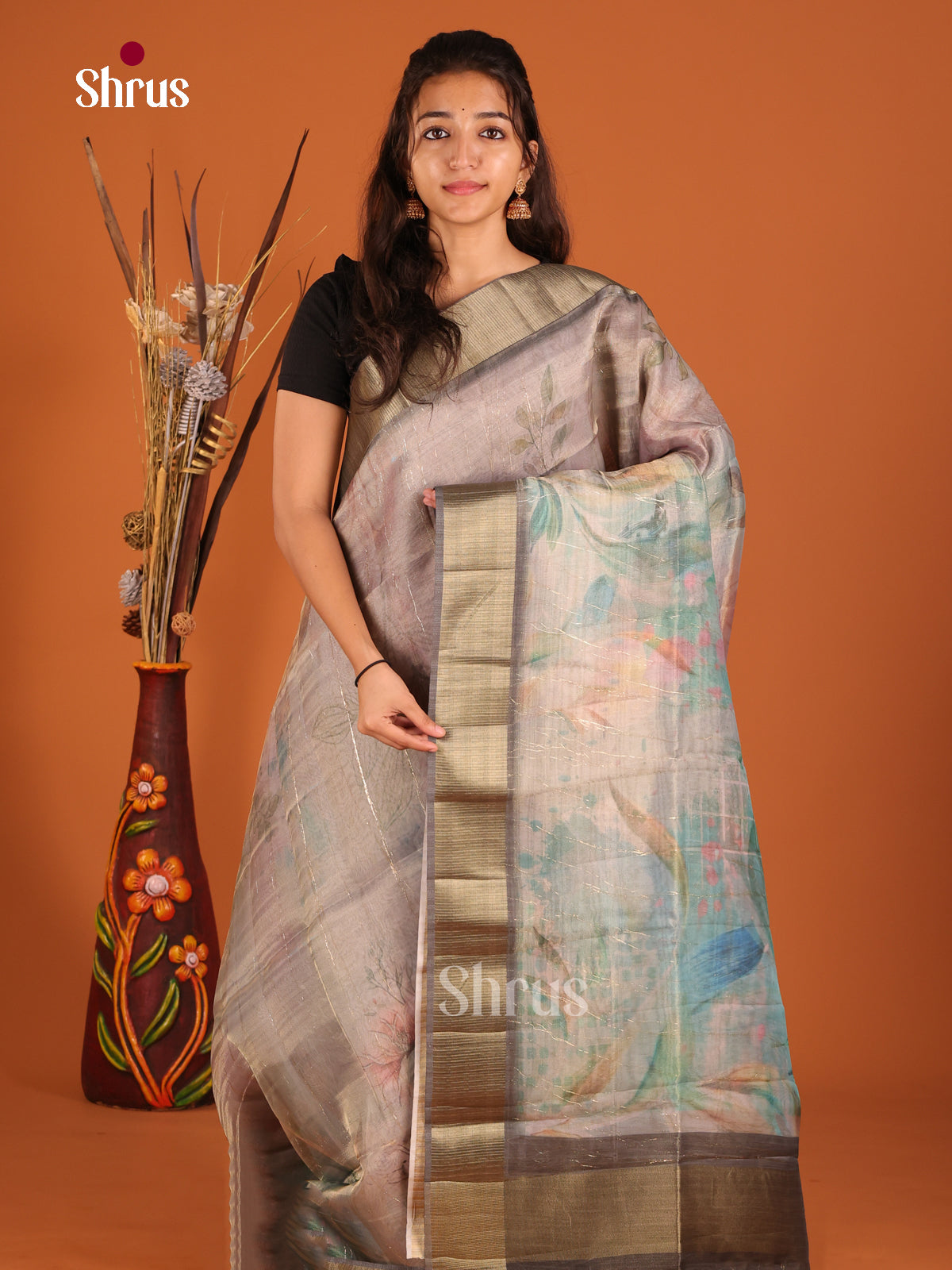 Grey - Semi Organza Saree - Shop on Shrus.com