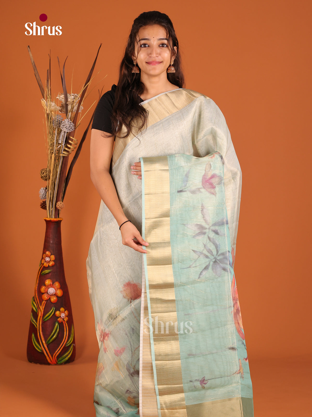 Pastel Blue - Semi Organza Saree - Shop on Shrus.com