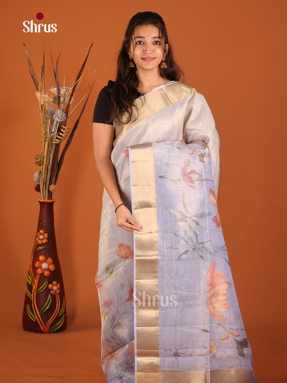 Grey Blue - Semi Organza Saree