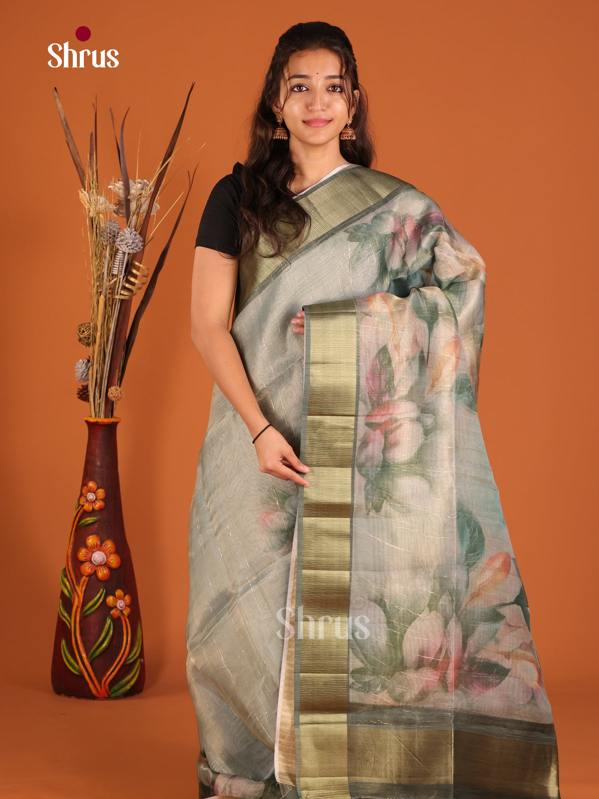 Grey Green - Semi Organza Saree - Shop on Shrus.com