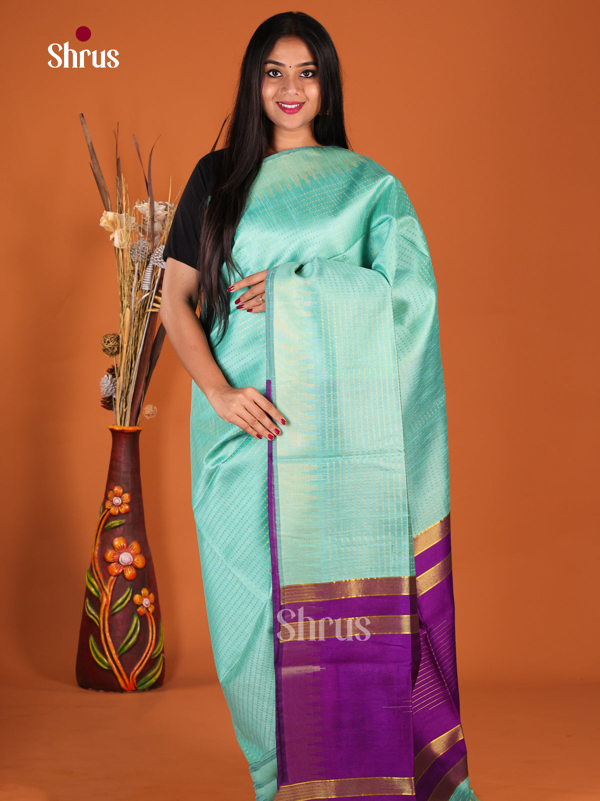 Pastel blue & Purple - Semi Rawsilk Saree - Shop on Shrus.com